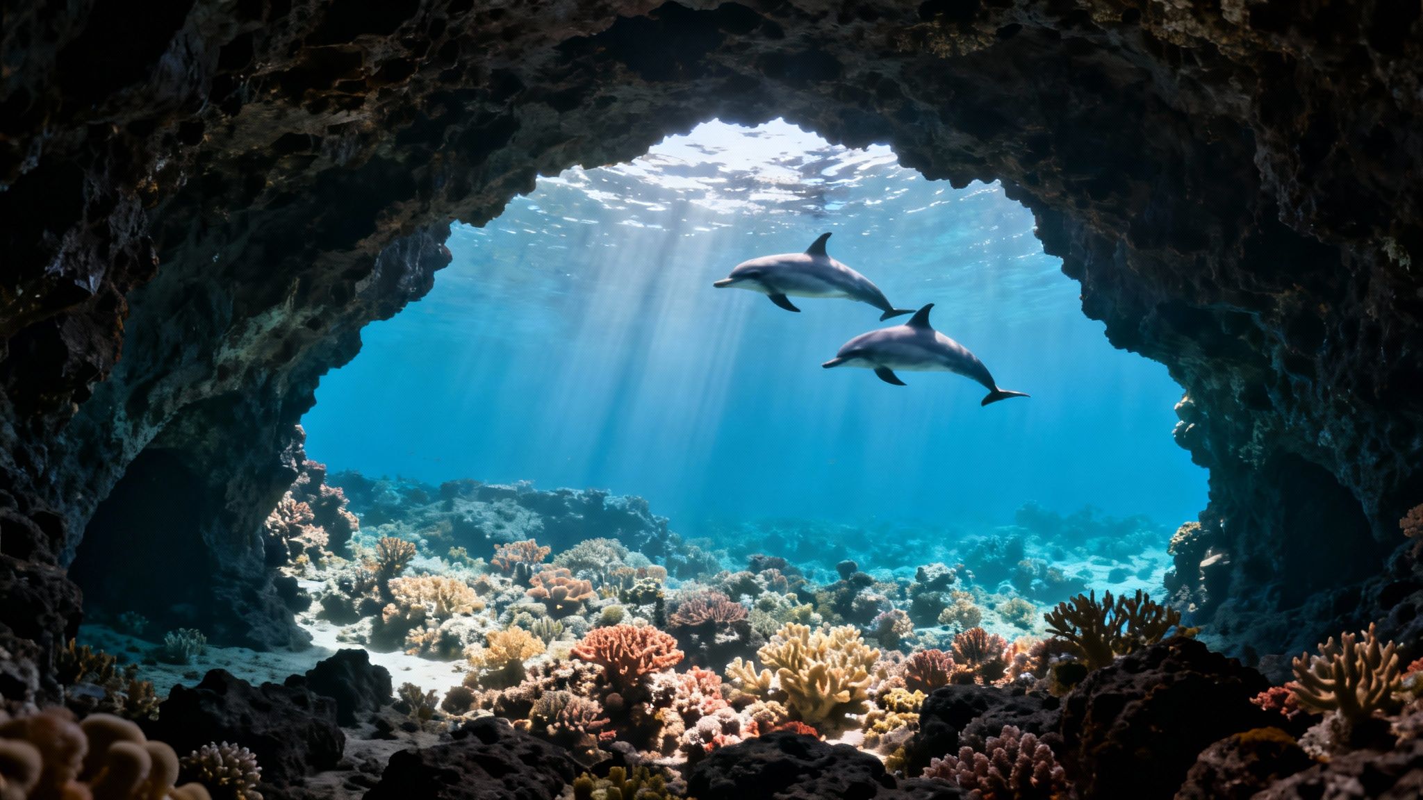 Underwater view of two dolphins swimming in sunlit ocean framed by a rocky coral cave.