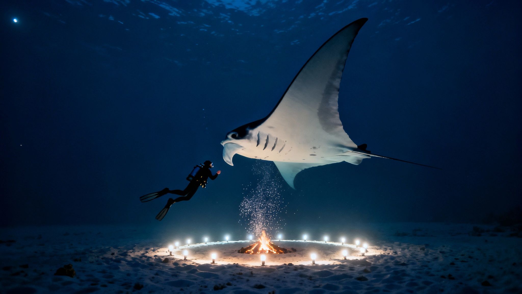 A diver observes a majestic manta ray above an illuminated underwater bonfire on the ocean floor.