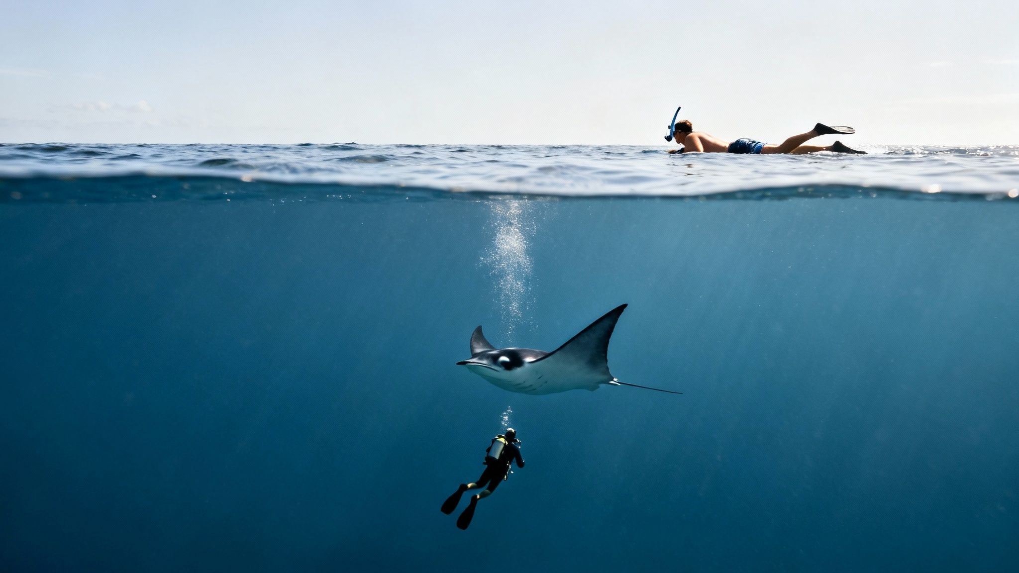 A split-shot photo showing a snorkeler on the surface and a scuba diver below, both watching a manta ray glide by.