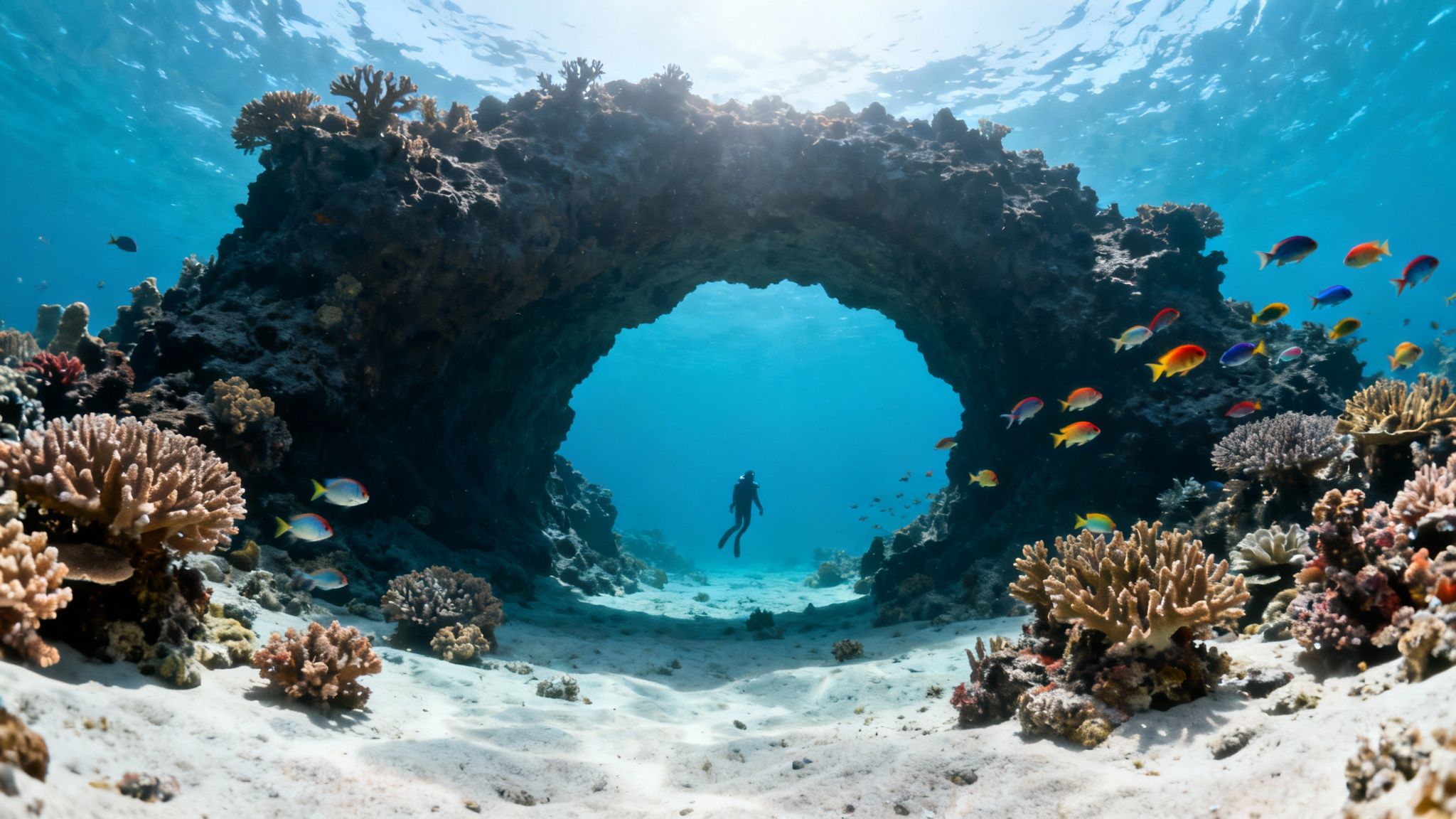 A scuba diver swims over a coral reef with sunlight filtering through the water.
