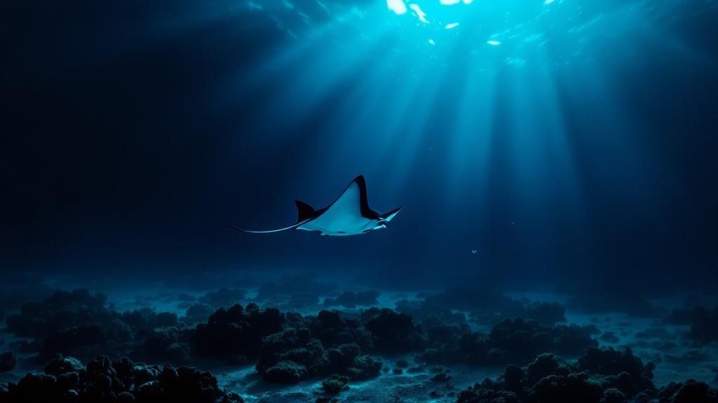 Divers watching a large manta ray swim overhead during a night dive in Kona