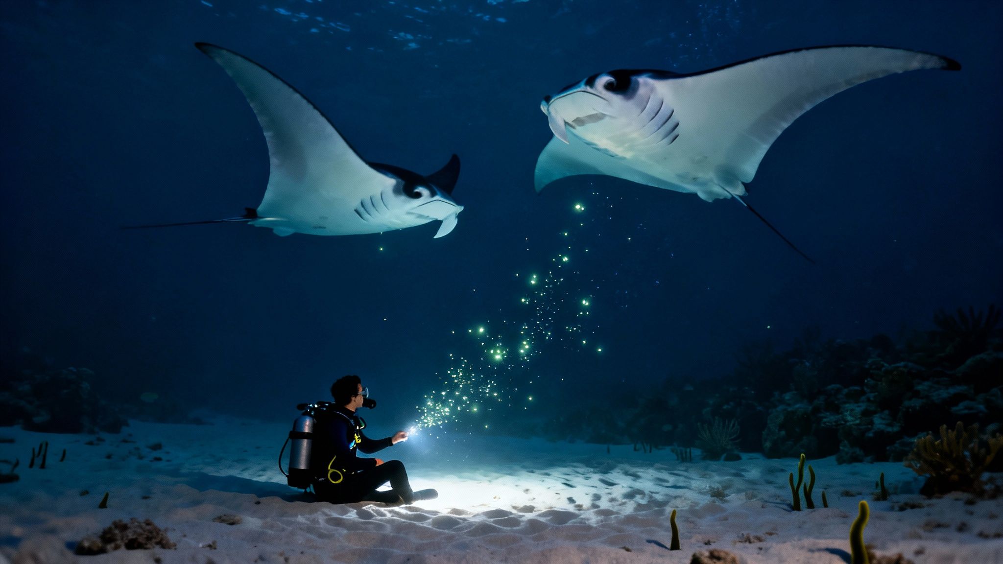 Underwater scene with a diver on the sand illuminating plankton for two curious manta rays.