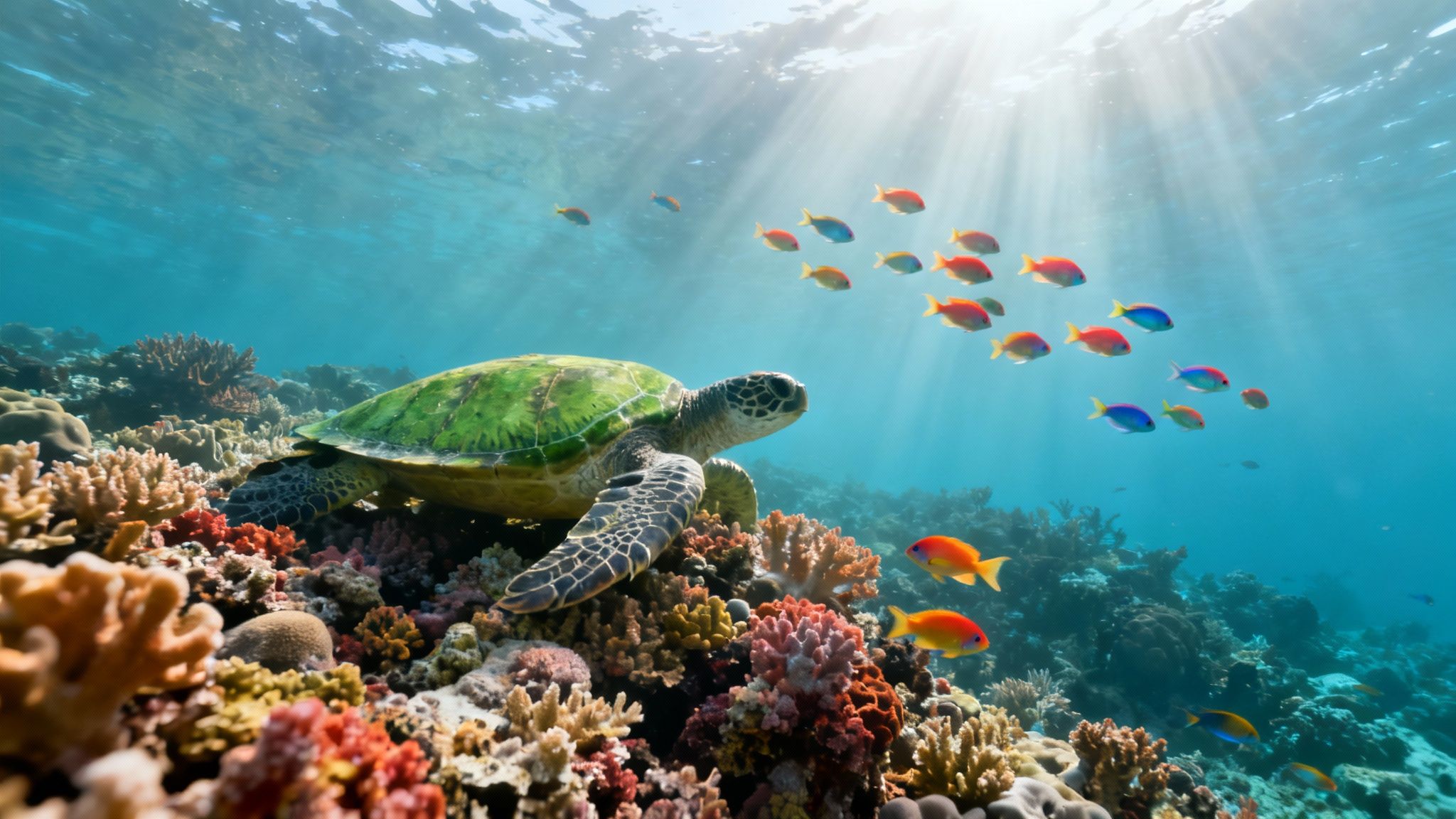 A green sea turtle swims over a vibrant coral reef, with colorful fish and sunbeams.