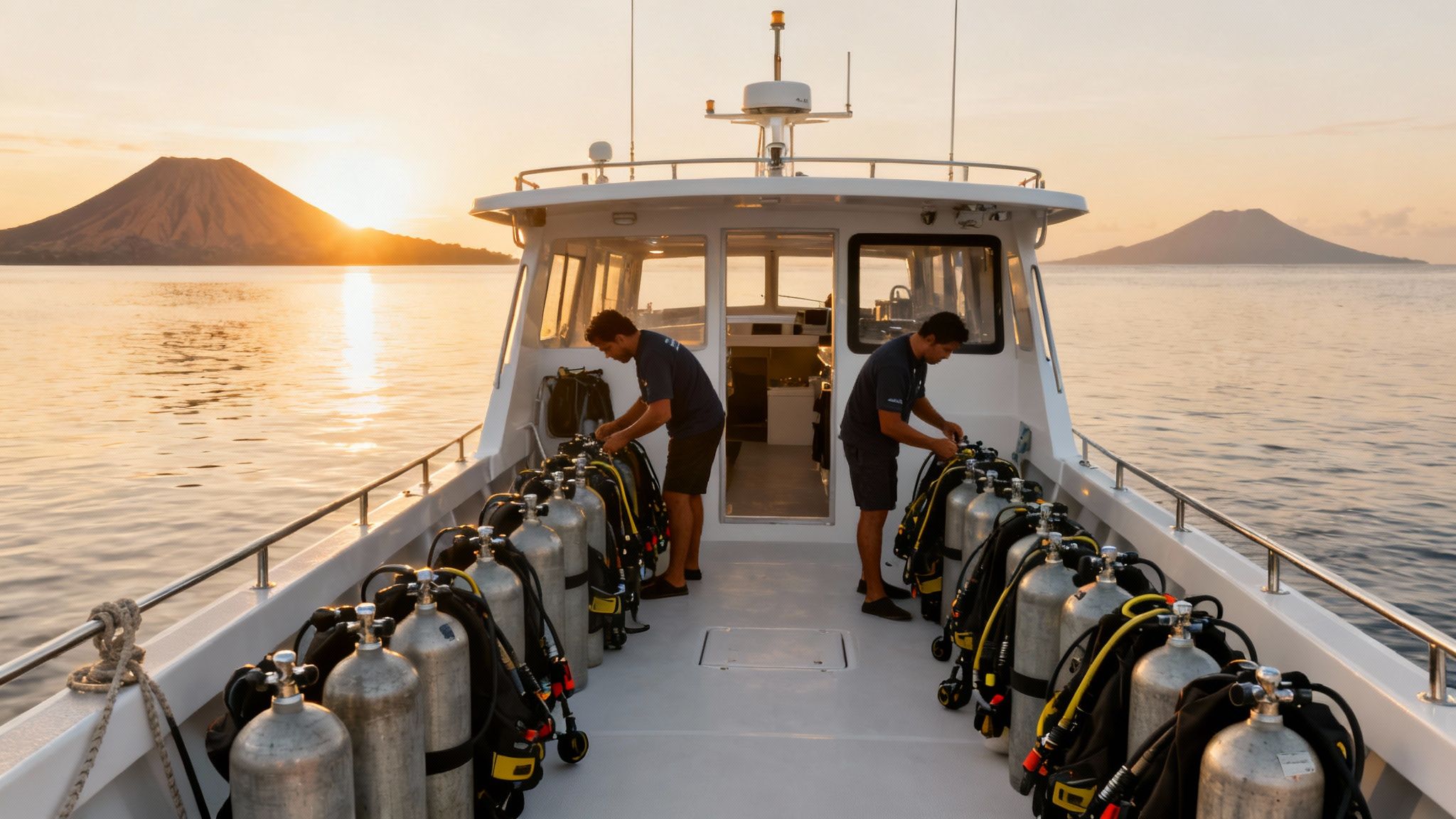 Scuba divers setting up tanks on a boat with a stunning sunrise over volcanic islands.