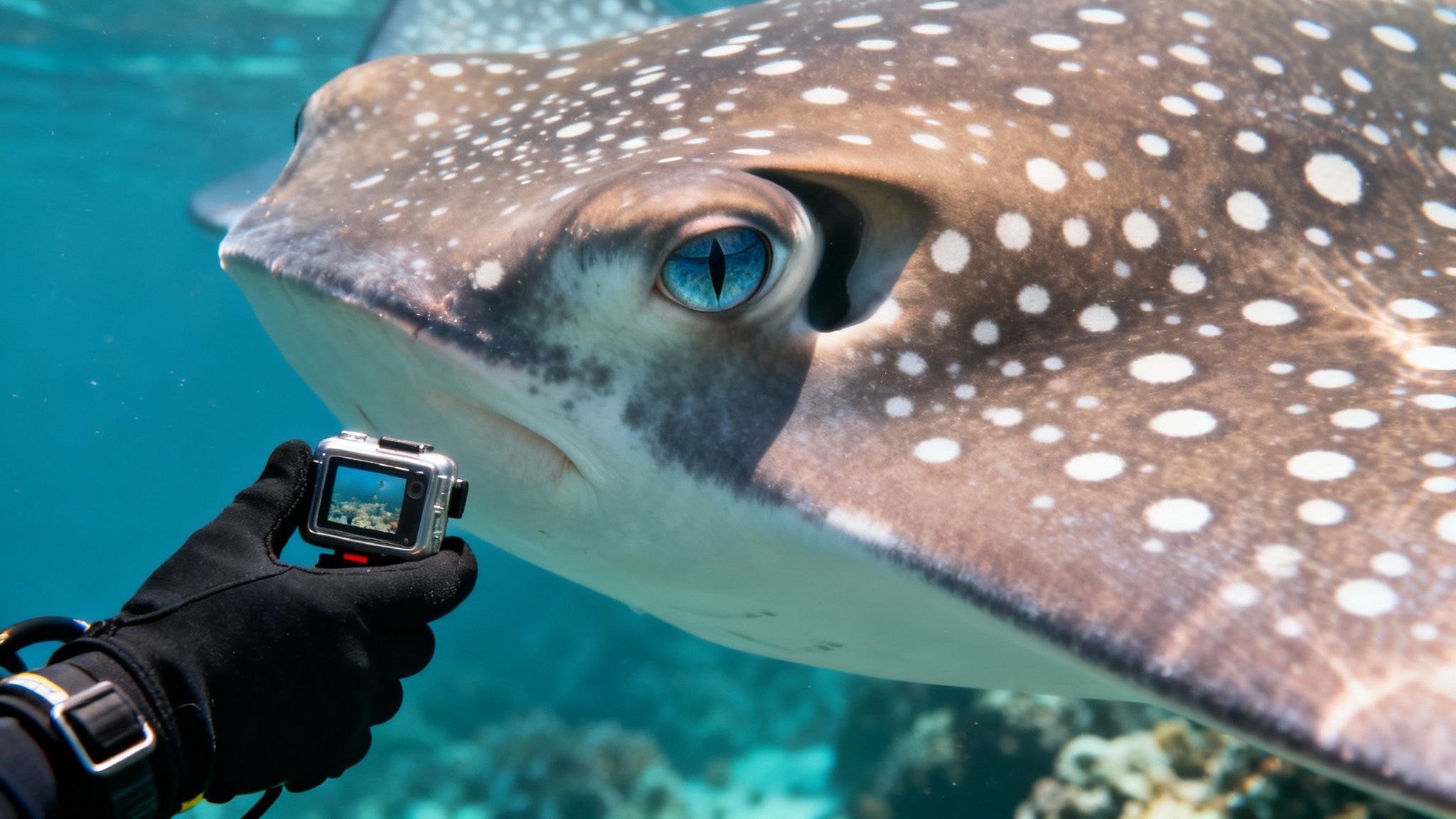 A diver's hand holding an underwater camera captures a close-up of a spotted ray with a vibrant blue eye.