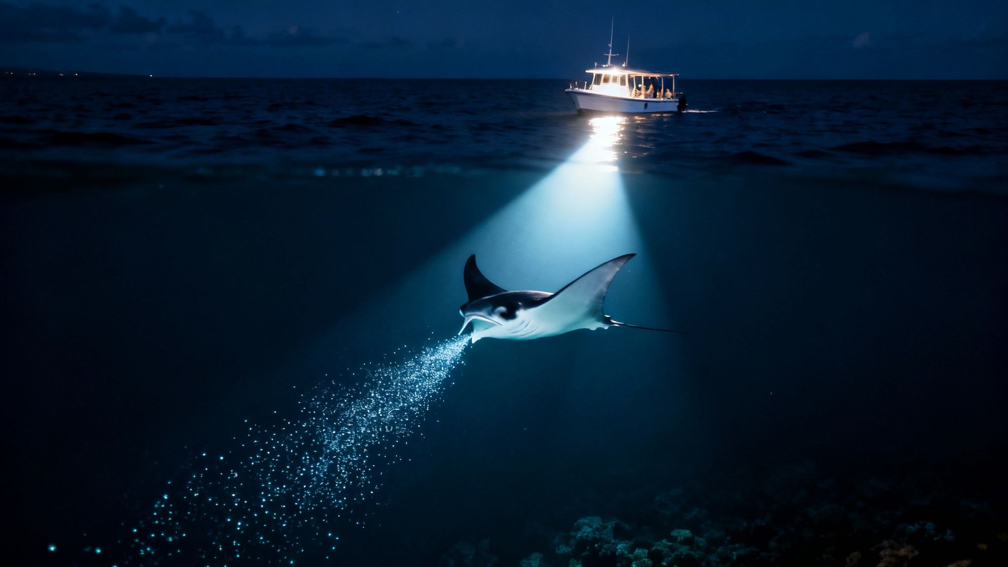 A manta ray swims gracefully in the dark ocean, illuminated by bright lights from above.