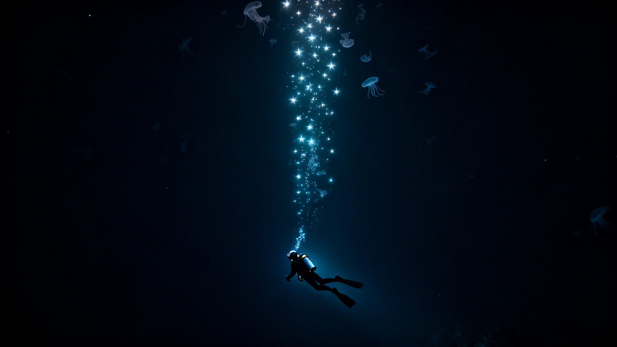 A diver in deep blue water ascends towards a path of glowing star-like bubbles and jellyfish.