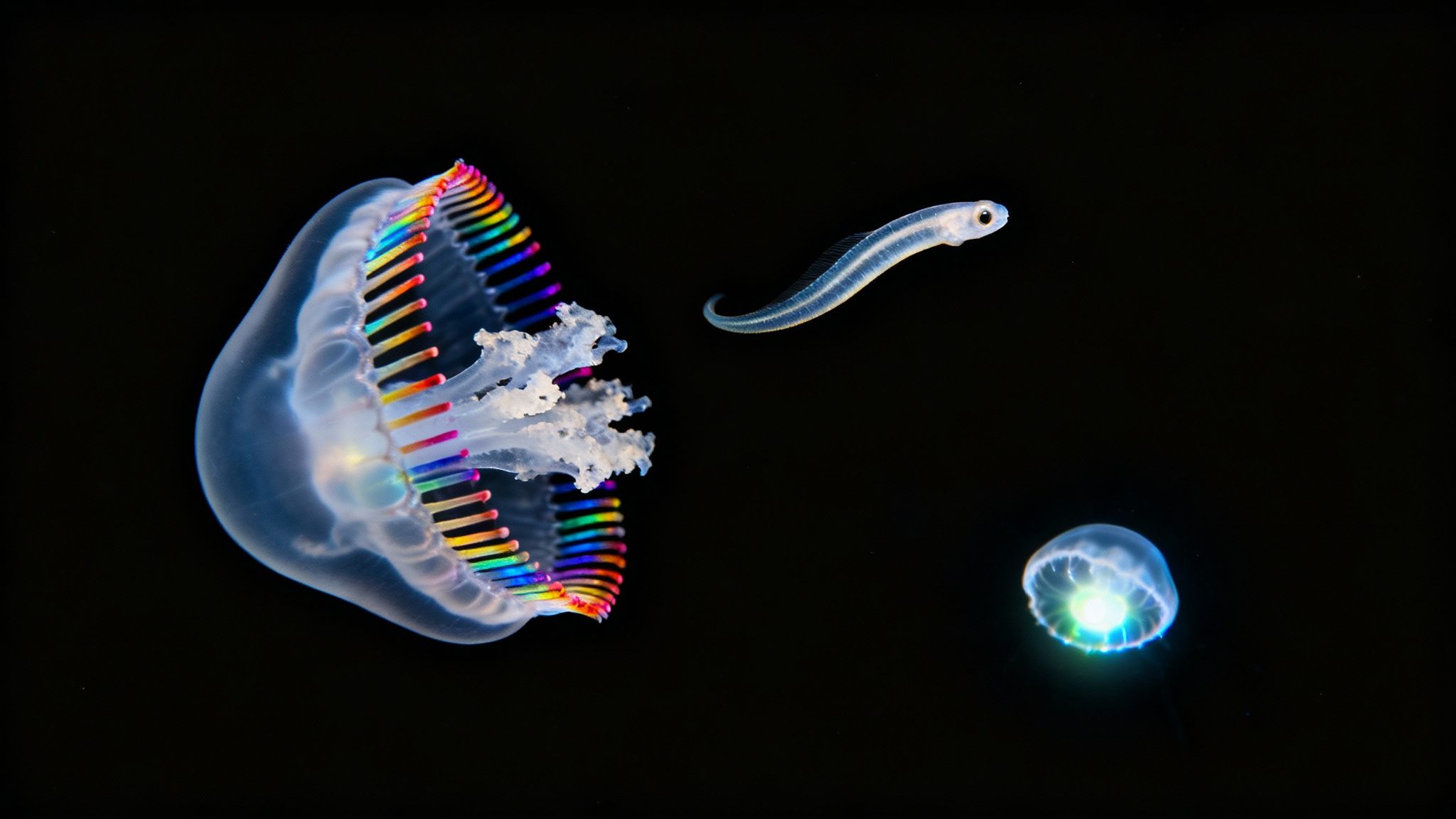 A vibrant comb jelly with rainbow bioluminescence, a transparent fish, and a small glowing jellyfish in dark water.