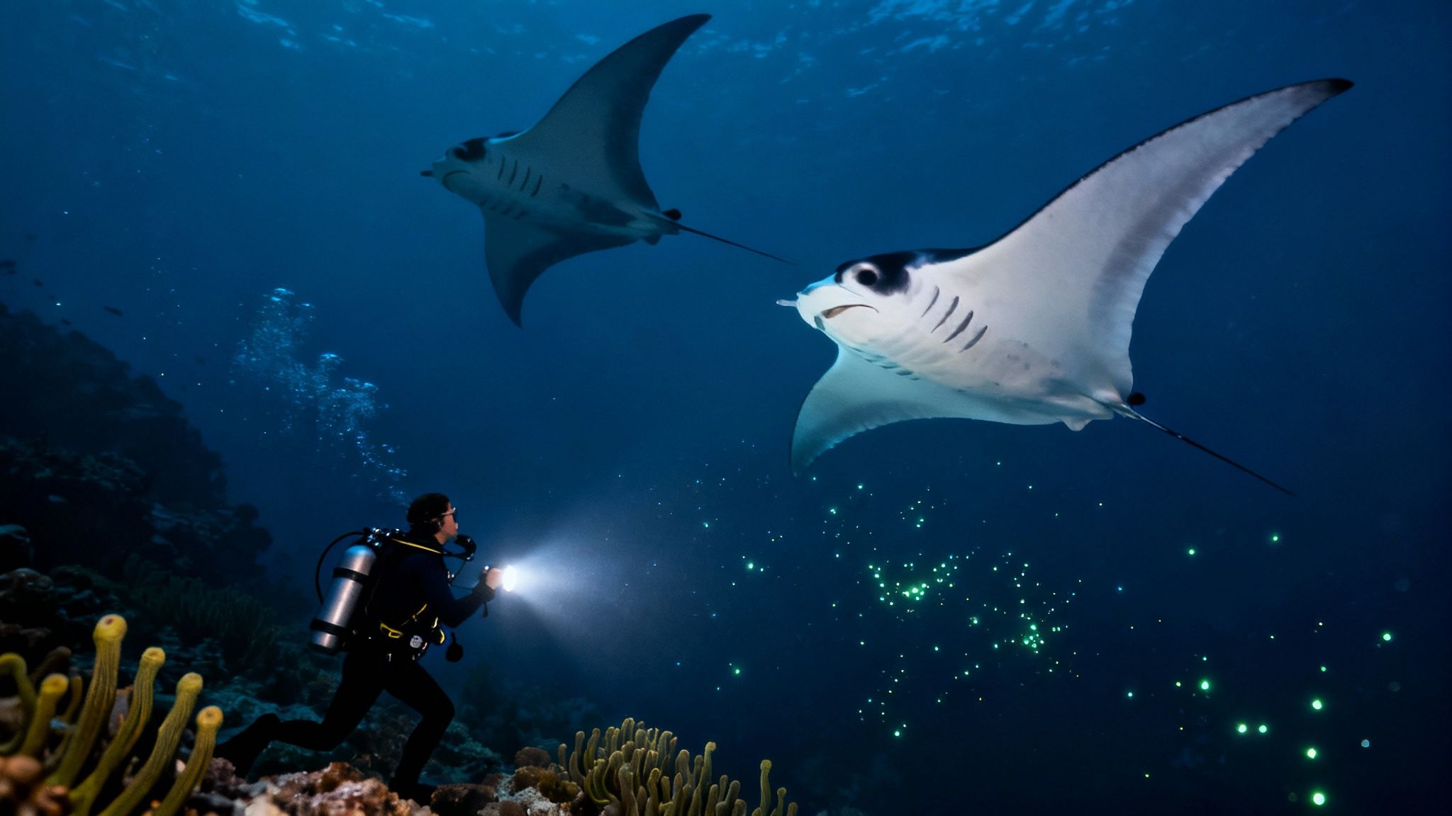 A scuba diver illuminates two large manta rays and glowing plankton in the deep blue ocean.