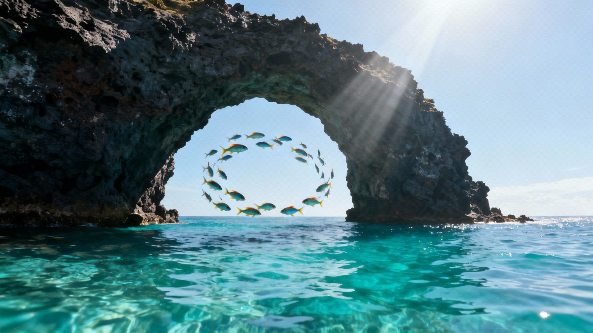 A scuba diver swims over a volcanic rock formation on the Big Island.