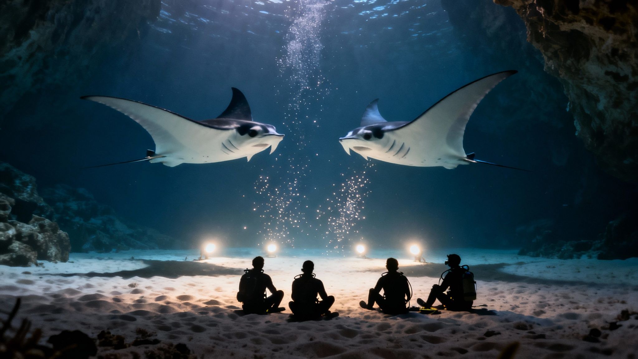 Four scuba divers on the ocean floor admiring two majestic manta rays swimming above them.