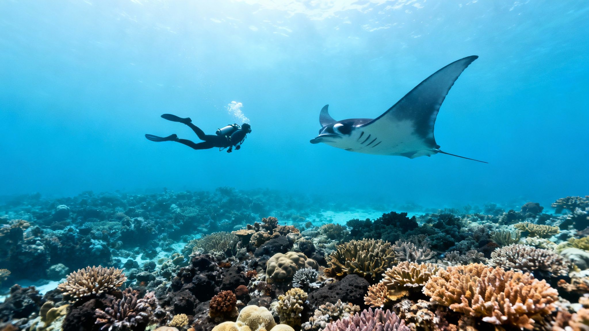 A group of scuba divers exploring a vibrant coral reef in Kona, Hawaii.