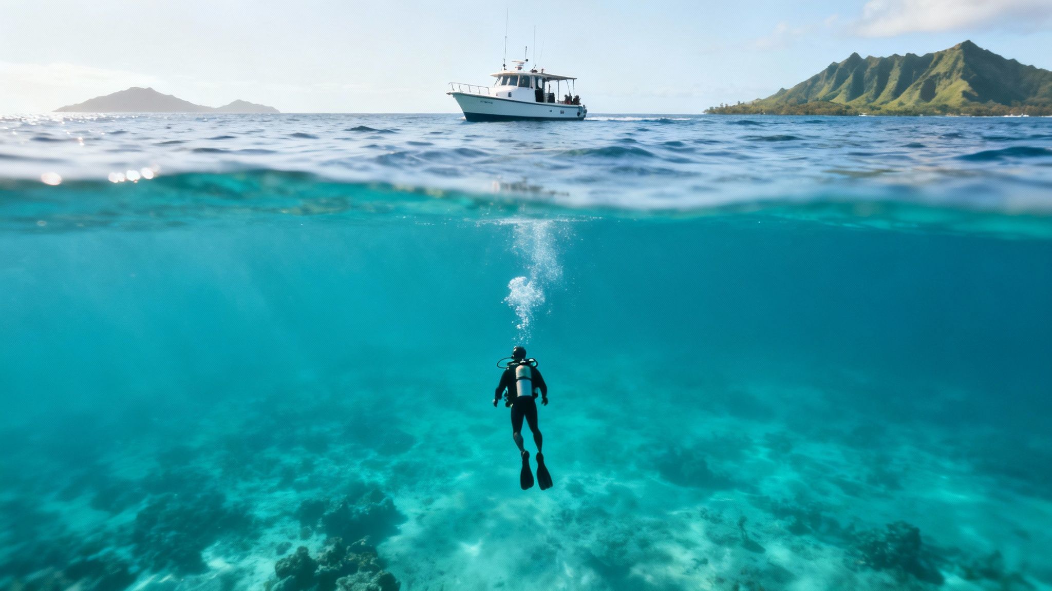 A scuba diver swimming past a vibrant coral reef in Hawaii