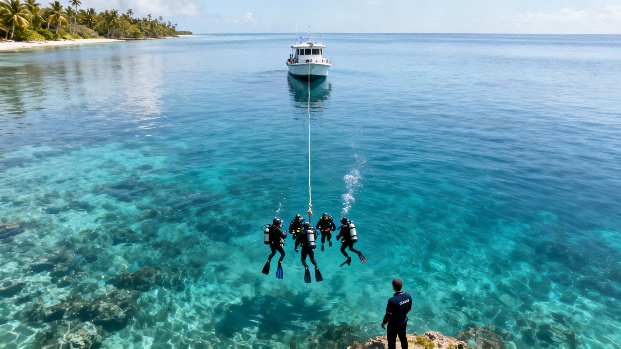 Scuba divers perform a safety stop in crystal clear blue water connected to a boat, near a tropical island.
