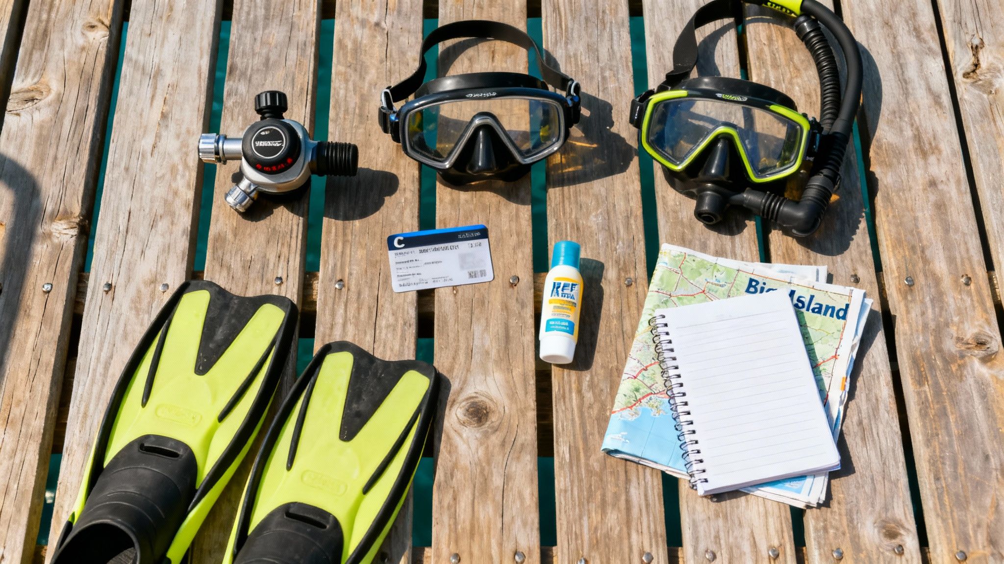 A scuba diver getting ready on a boat, with diving gear organized in the background, preparing for a Big Island dive.