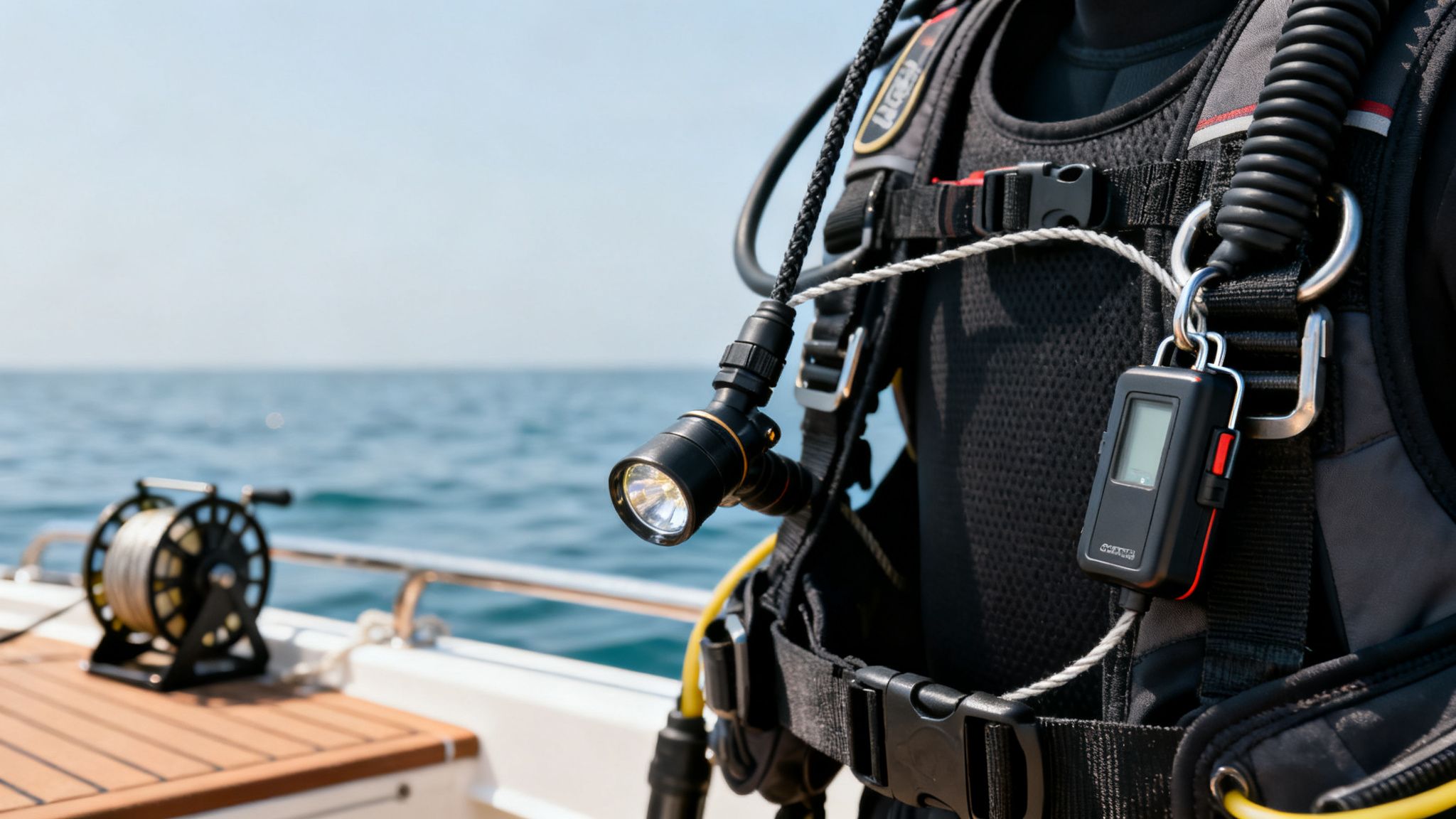 Close-up of a diver's equipment, including a bright dive light and a computer, on a boat deck.