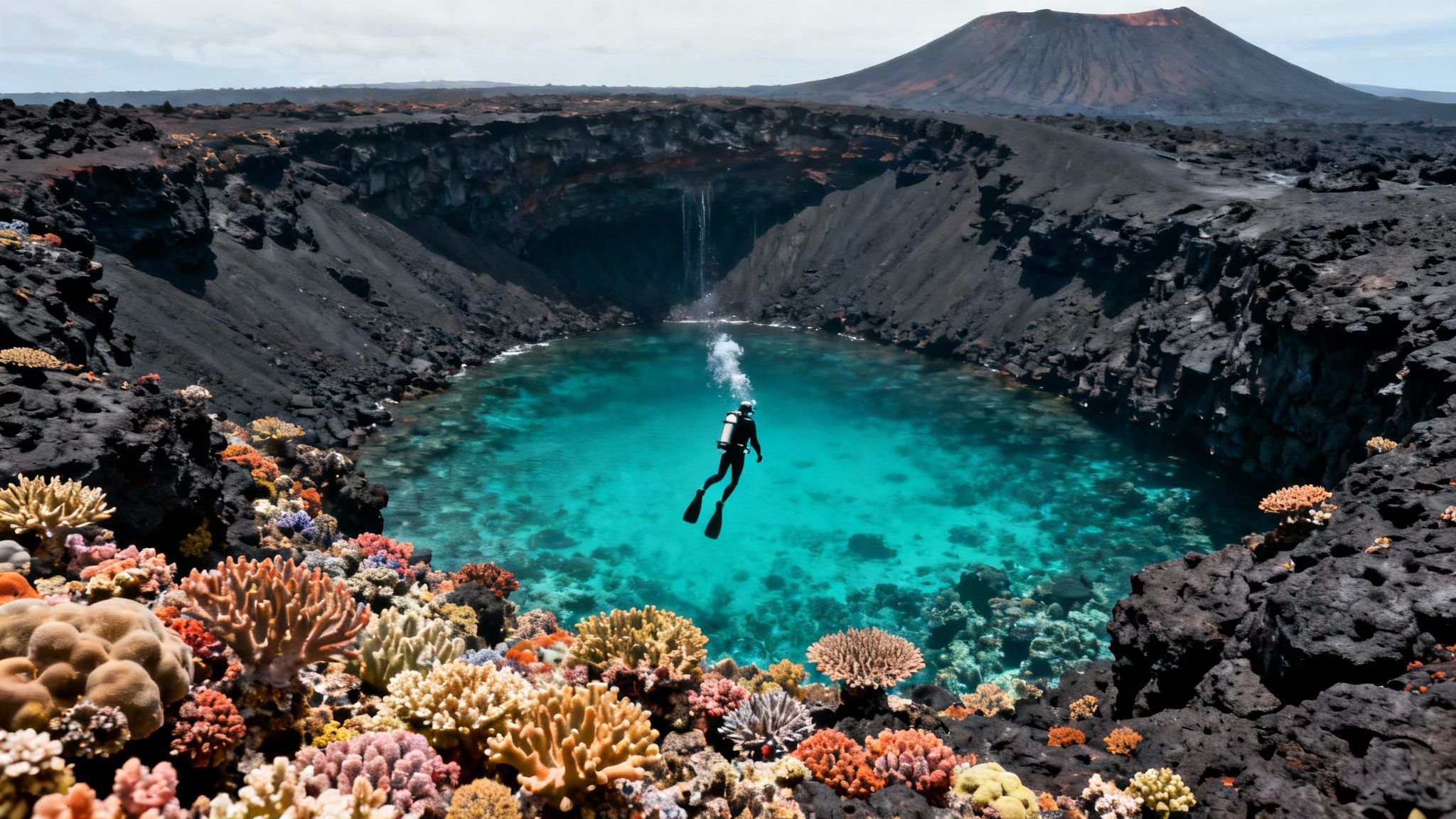 A scuba diver swimming past a large coral reef formation in clear blue water.