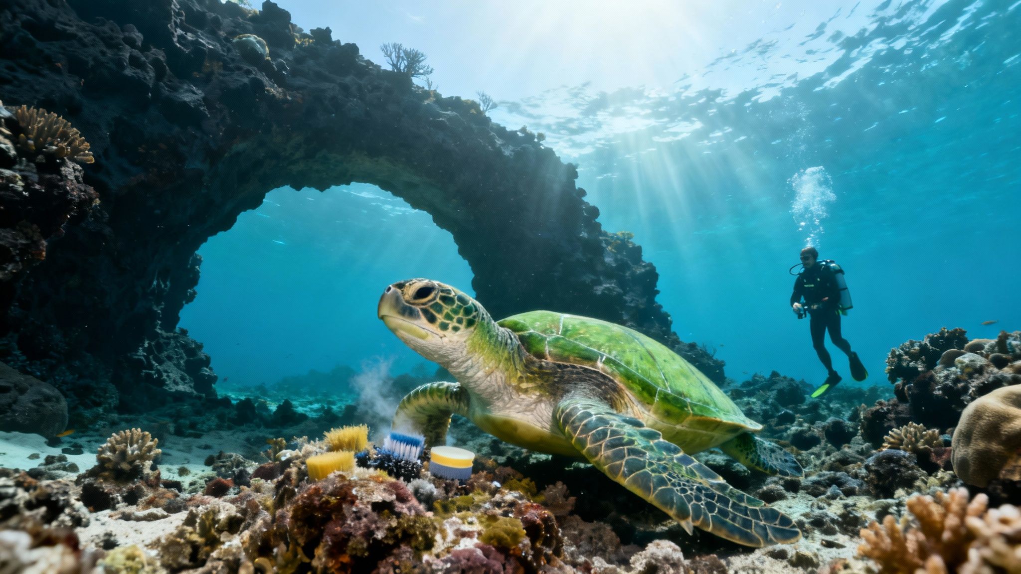 A group of scuba divers explores a vibrant coral reef on the Big Island of Hawaii.