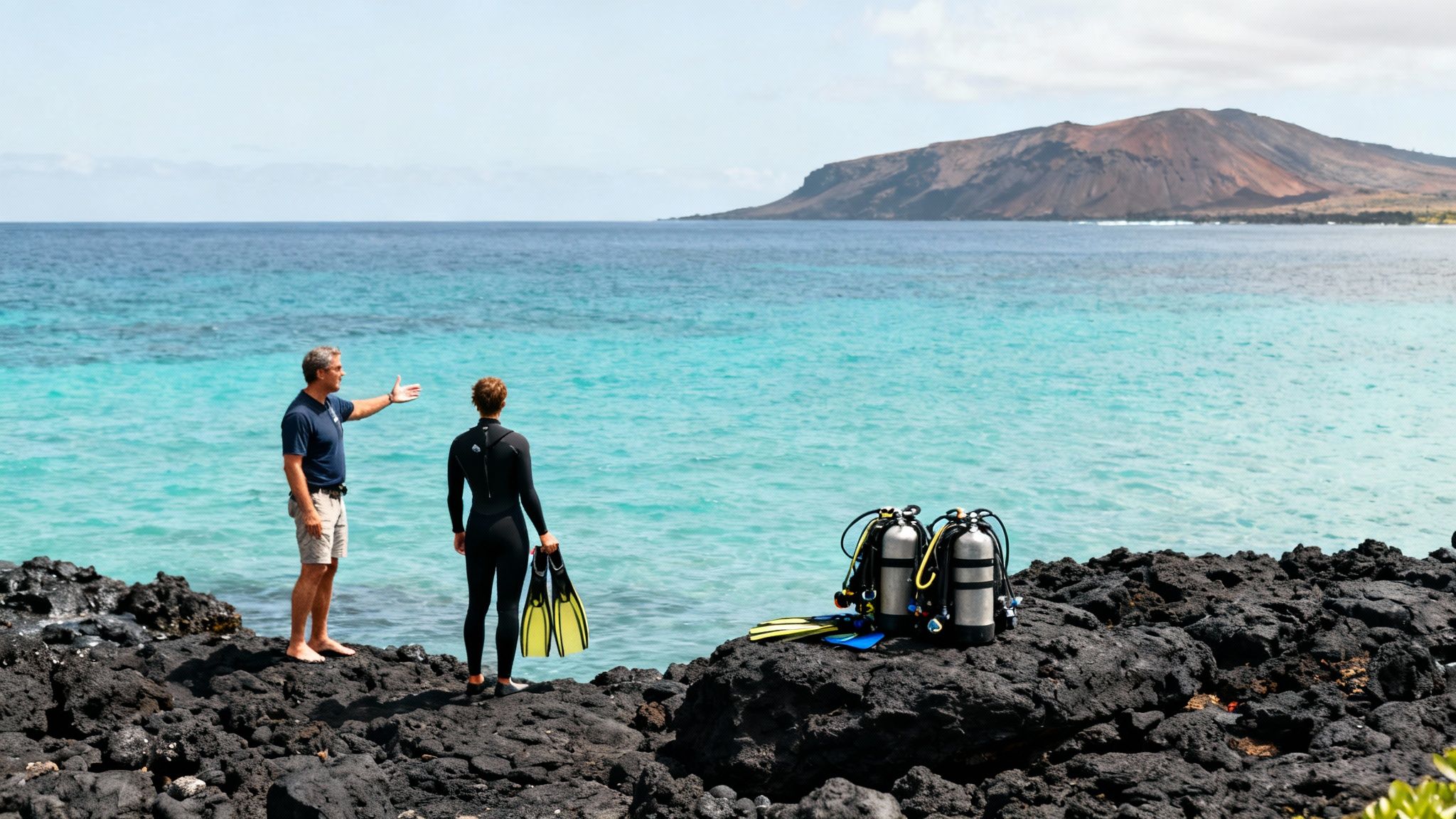 A scuba diver getting ready on a boat, with the beautiful Kona coastline in the background.