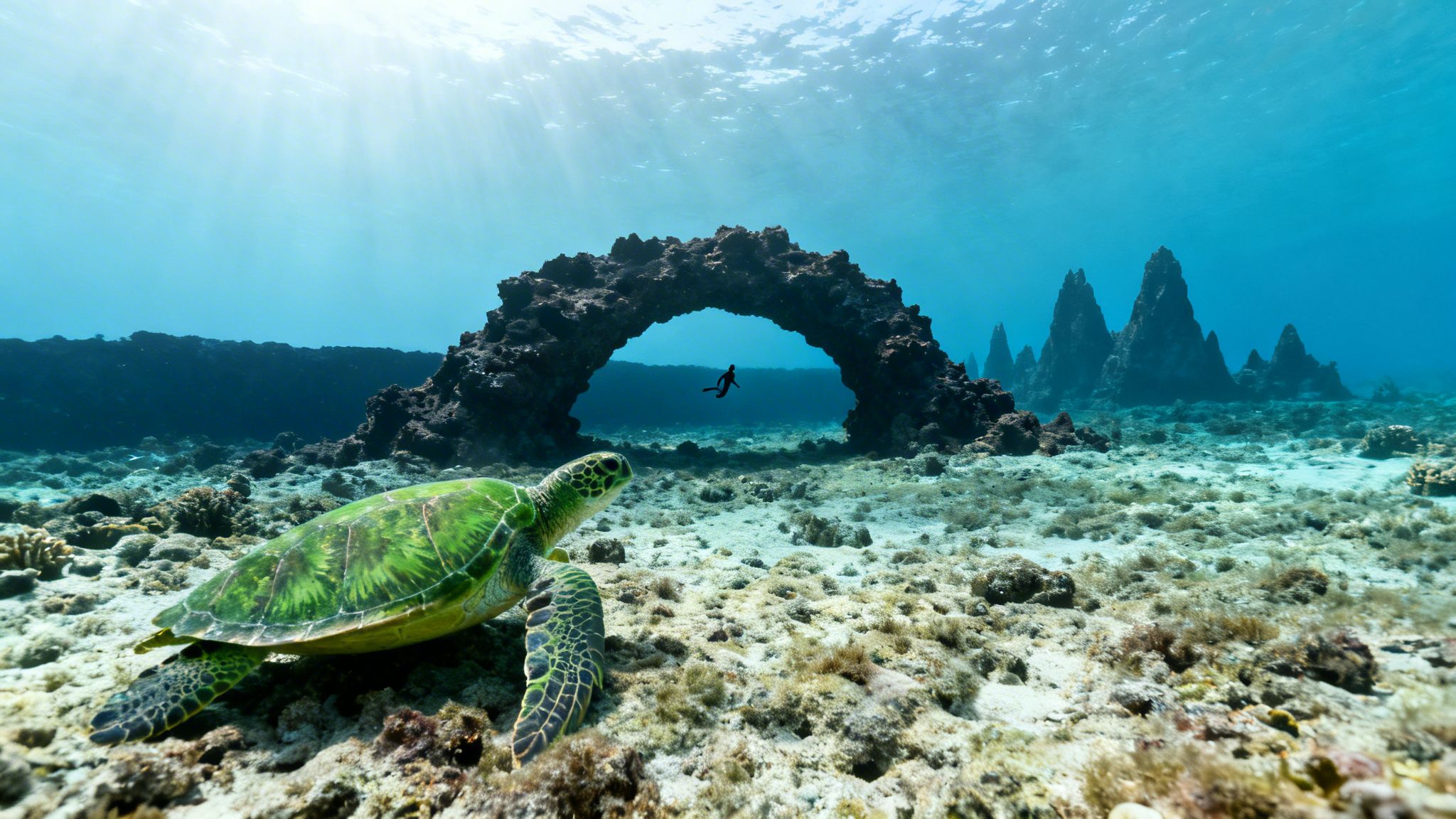 A vibrant green sea turtle on the seabed with a diver swimming through a natural rock arch.