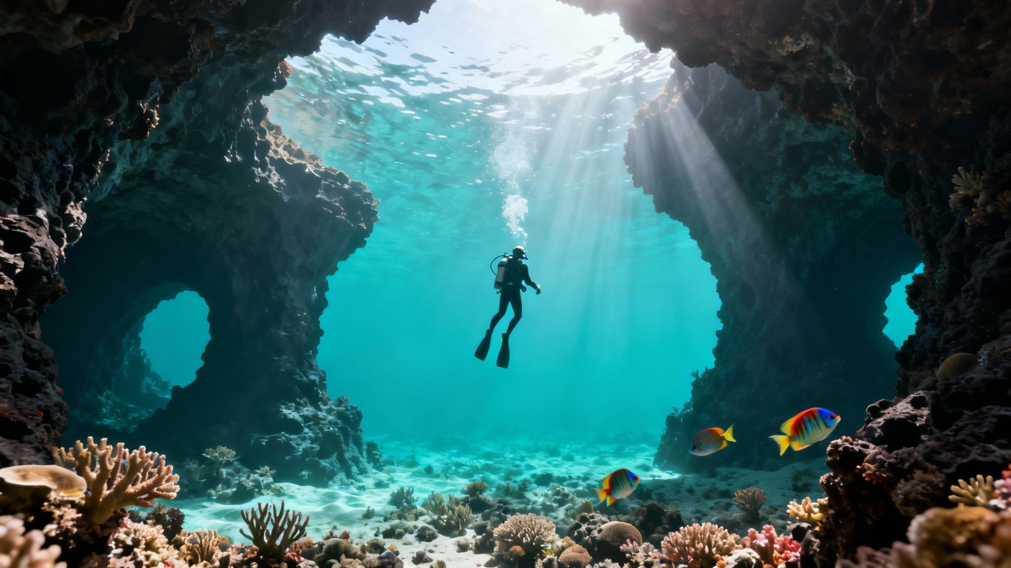 A solitary scuba diver explores a vibrant underwater coral cave, with colorful fish and sun rays.