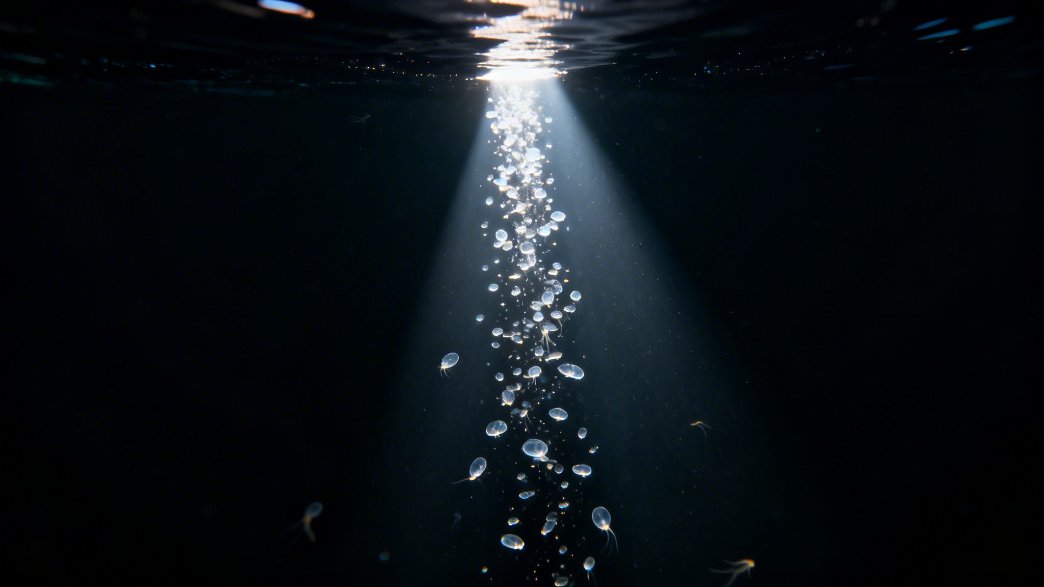 Underwater scene with a strong beam of light piercing through the dark water, illuminating many small jellyfish and bubbles.