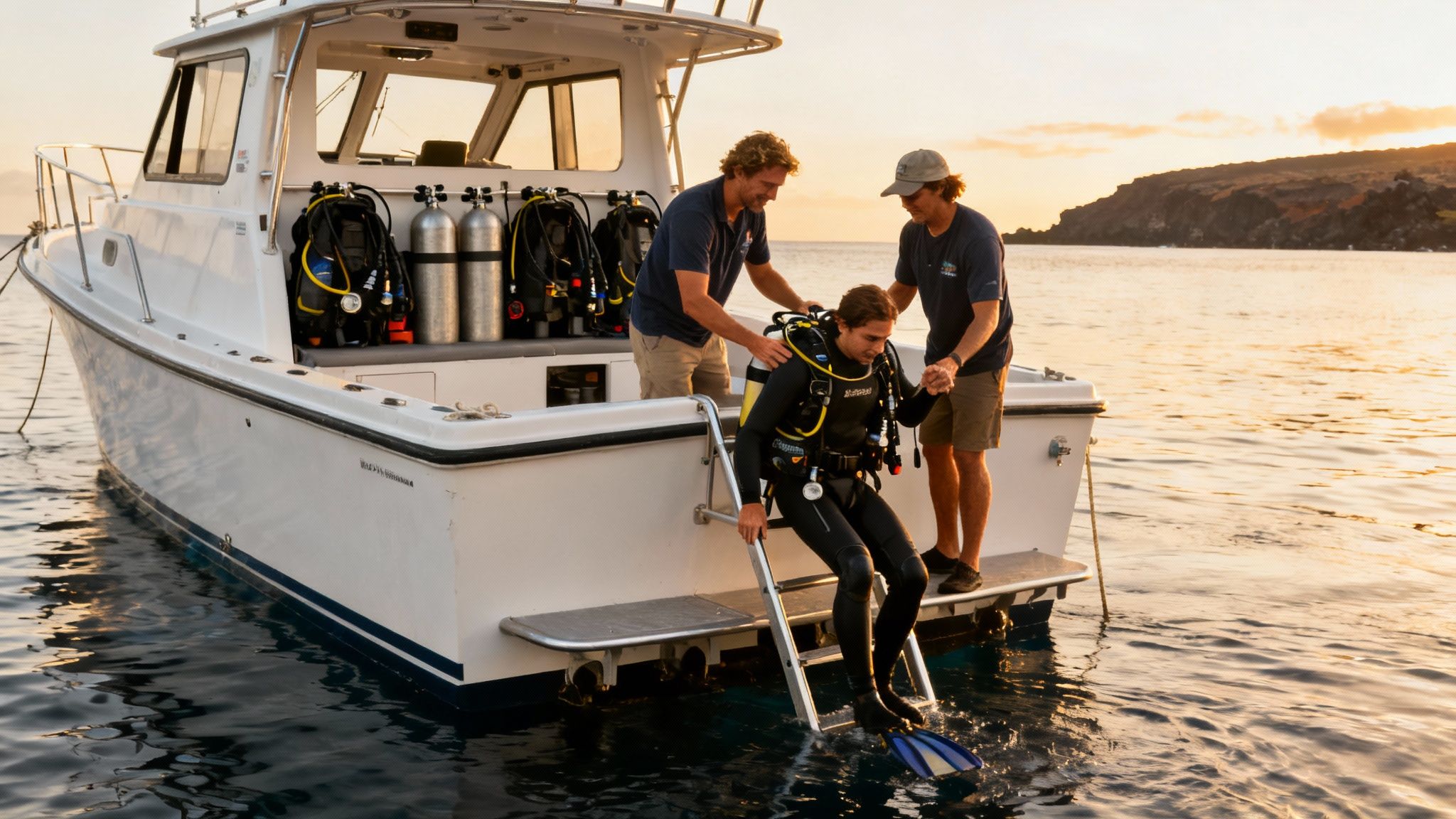 Three men around a boat. One scuba diver is entering the water with assistance at sunset.