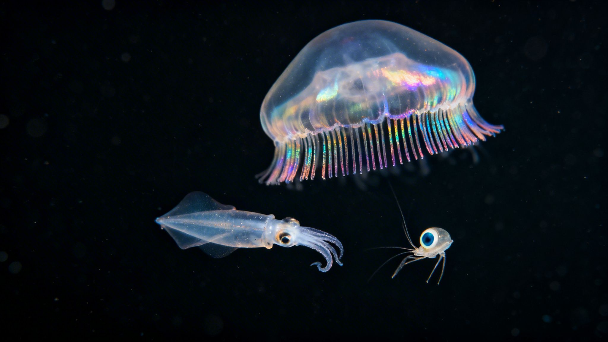A transparent jellyfish with iridescent fringes, a small squid, and a unique deep-sea creature against a black background.