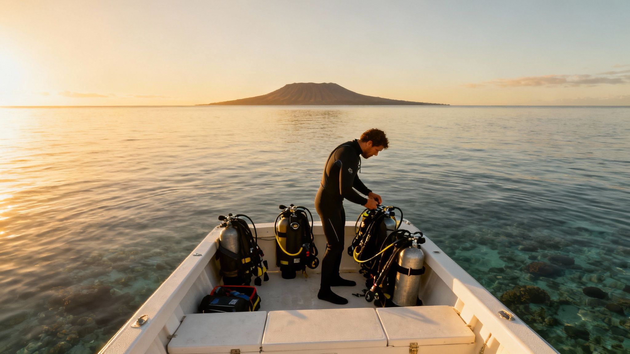 A scuba diver swims near a vibrant coral reef with a sea turtle on the Big Island of Hawaii.