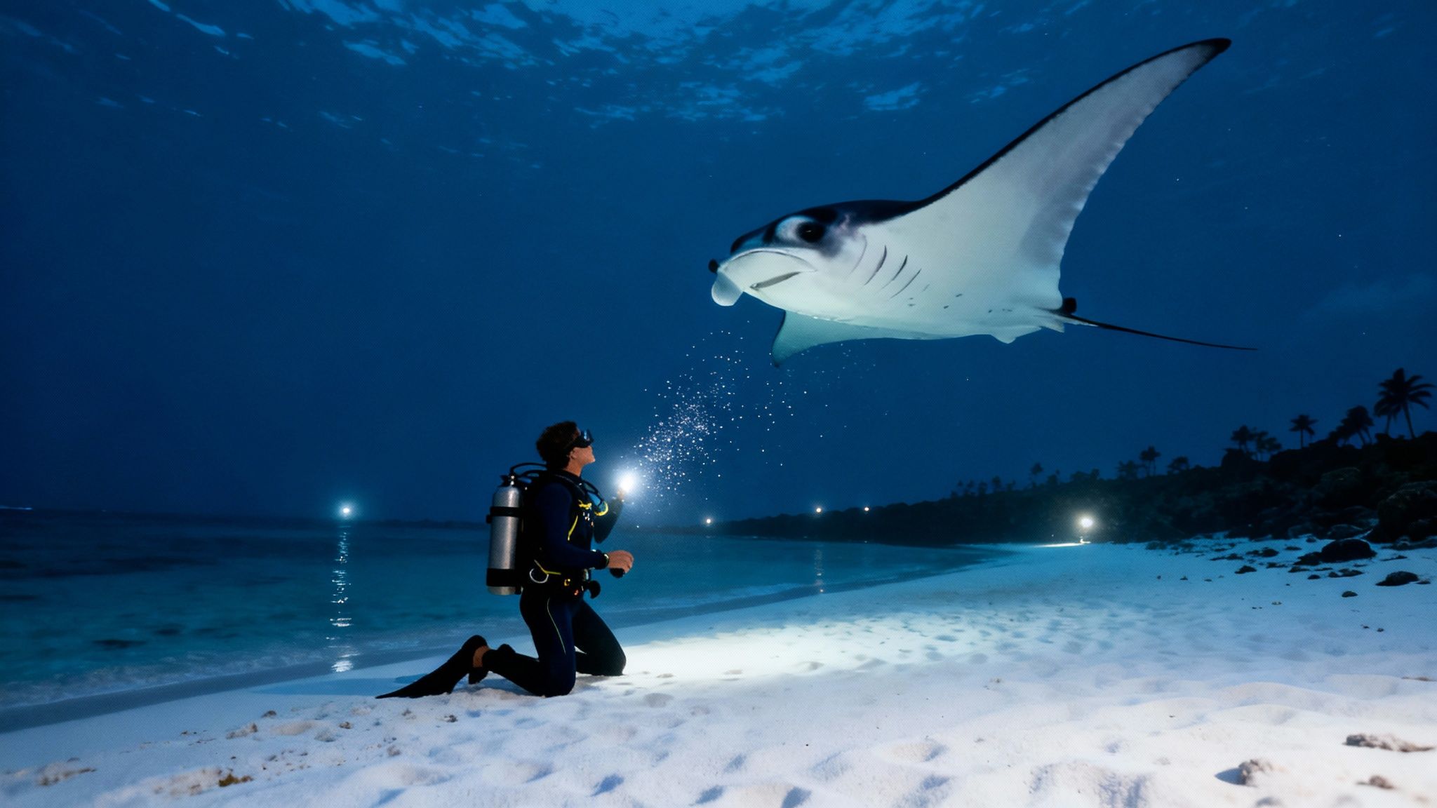 A giant manta ray gracefully glides over a group of scuba divers during a night dive in Kona, Hawaii.