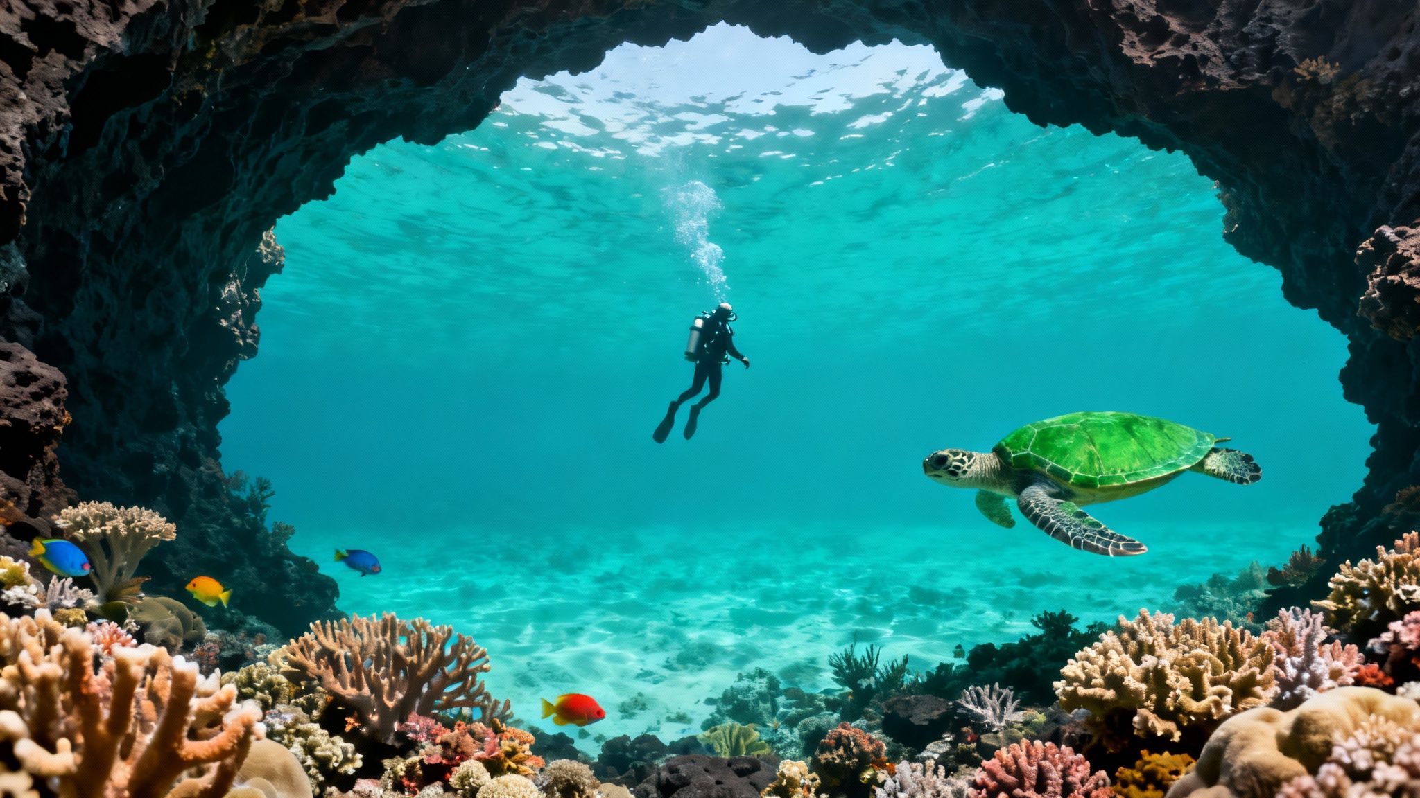 A scuba diver and a green sea turtle swim near vibrant coral reefs within an underwater cave.