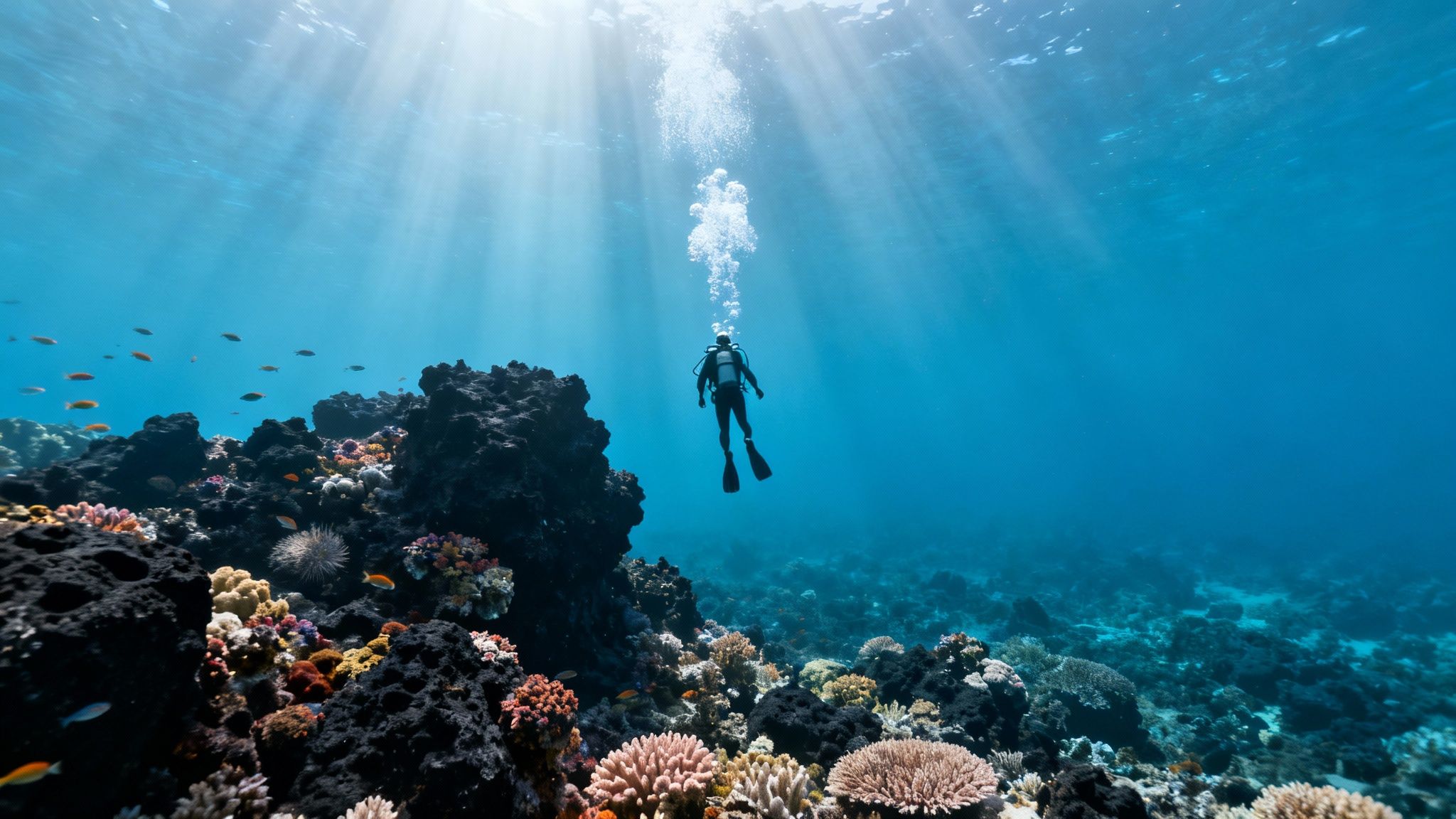 A scuba diver ascends towards the sunlit surface, over a vibrant coral reef teeming with fish.