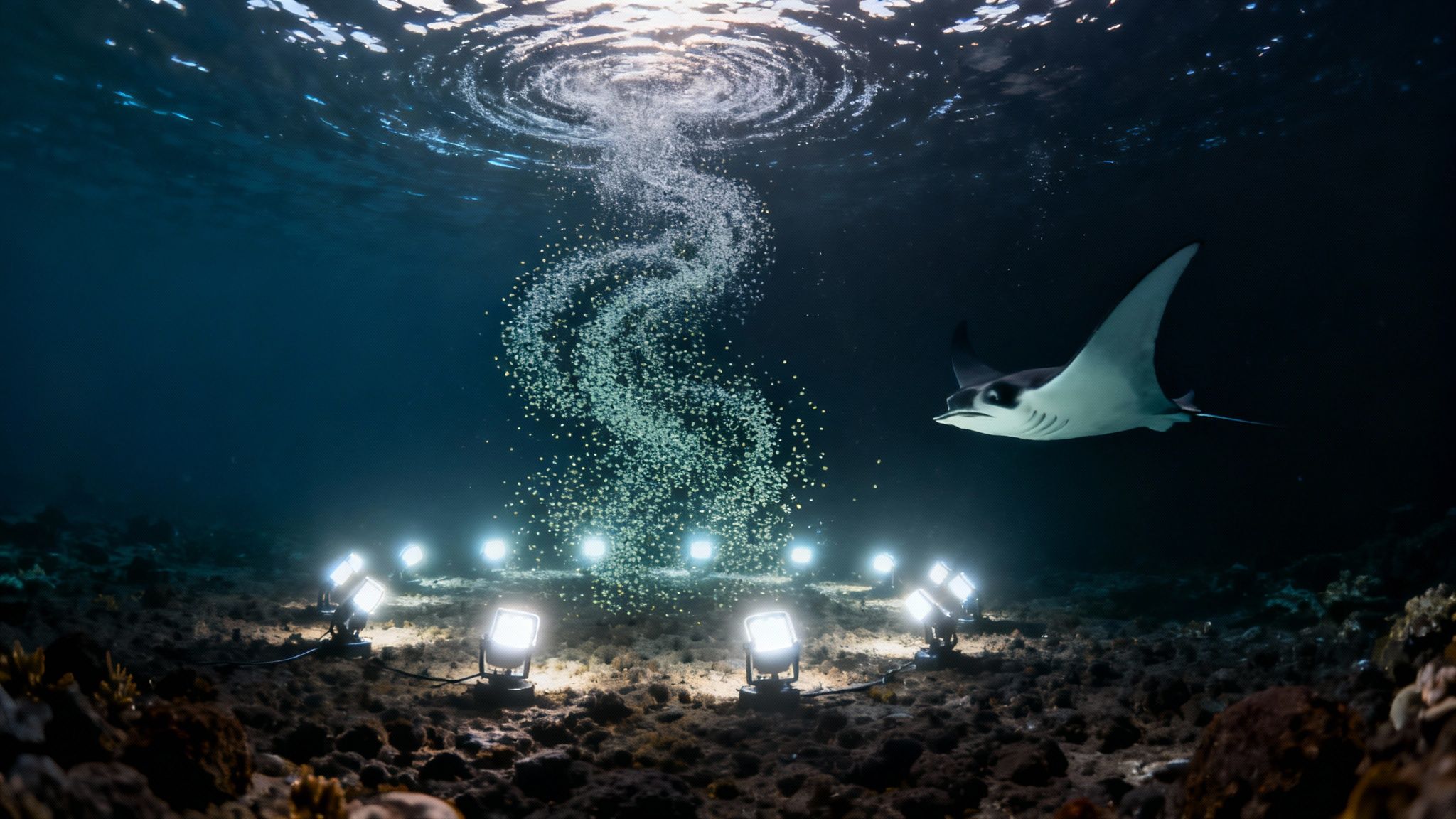 A manta ray gracefully swims near the ocean floor in Kona, illuminated by lights.