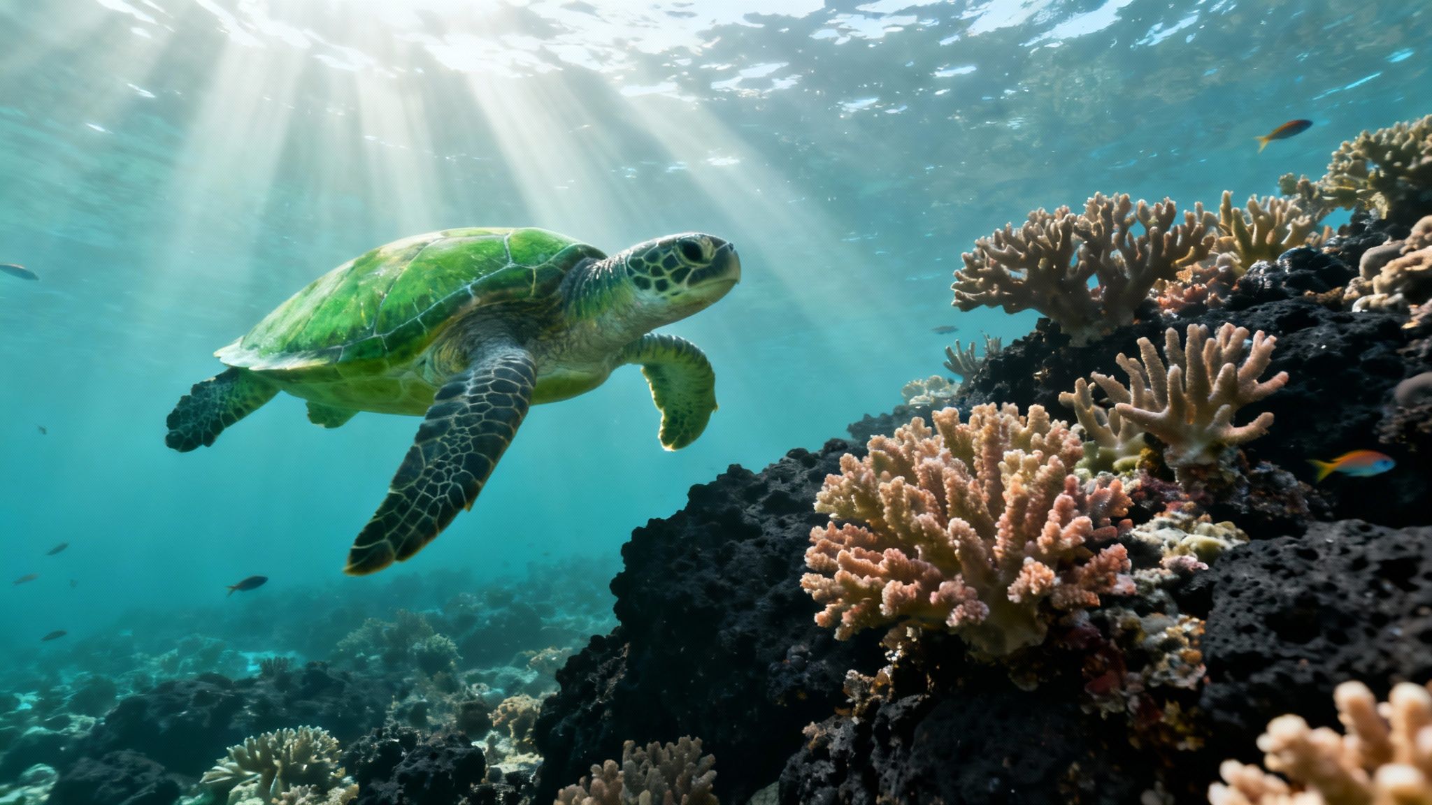 A scuba diver explores an underwater lava tube in Hawaii, with light streaming from an opening above.