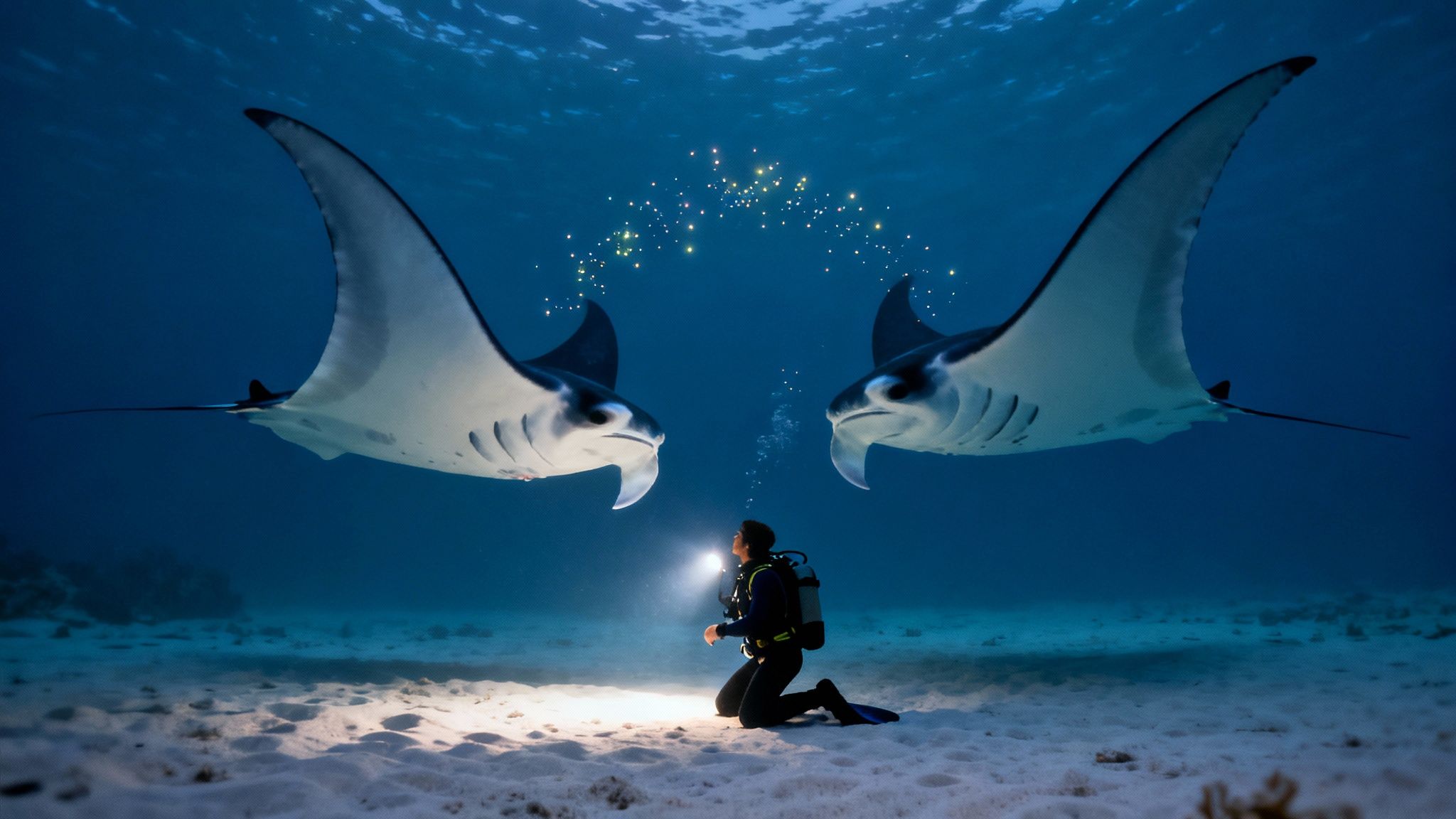 A scuba diver on the ocean floor illuminates two majestic manta rays gracefully swimming overhead.