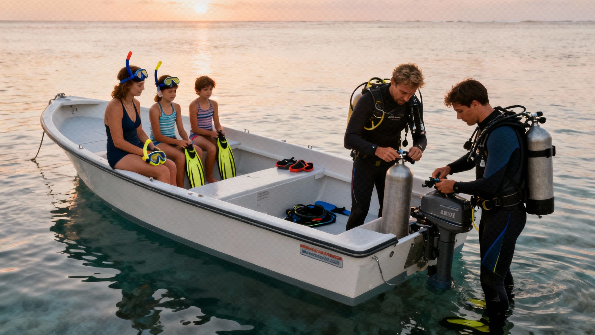 A scuba diver on the ocean floor looking up as a giant manta ray gracefully swims overhead in Kona, Hawaii.