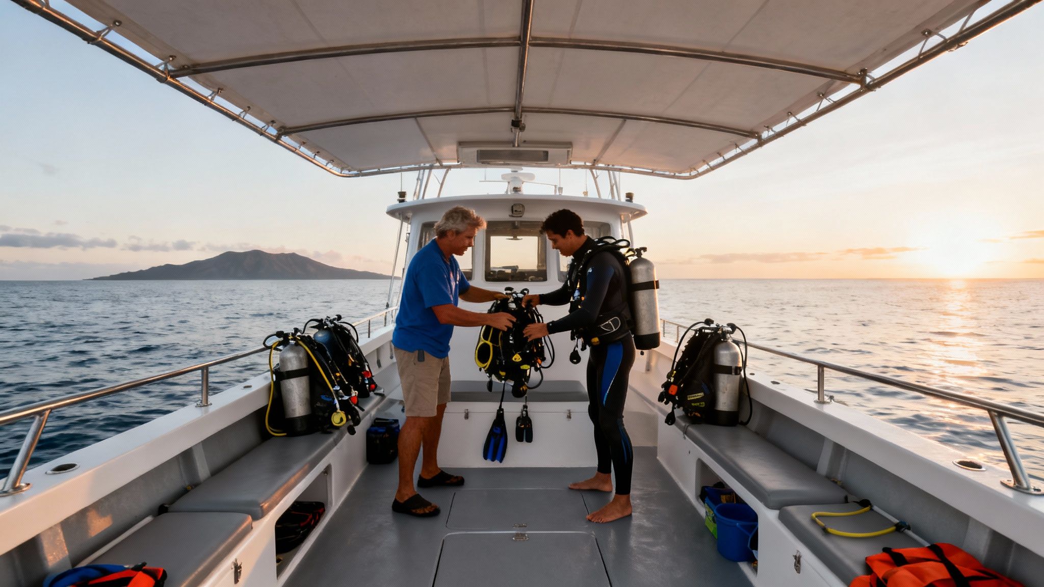 Two men on a boat prepare scuba diving gear with an island and sunset in the background.