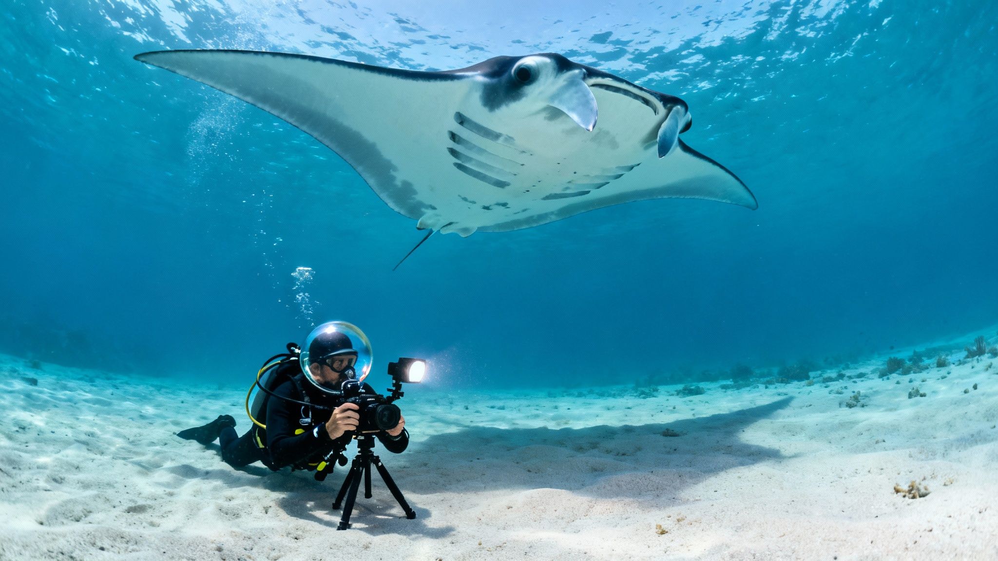 An underwater photographer captures a majestic manta ray swimming gracefully above a sandy seabed.