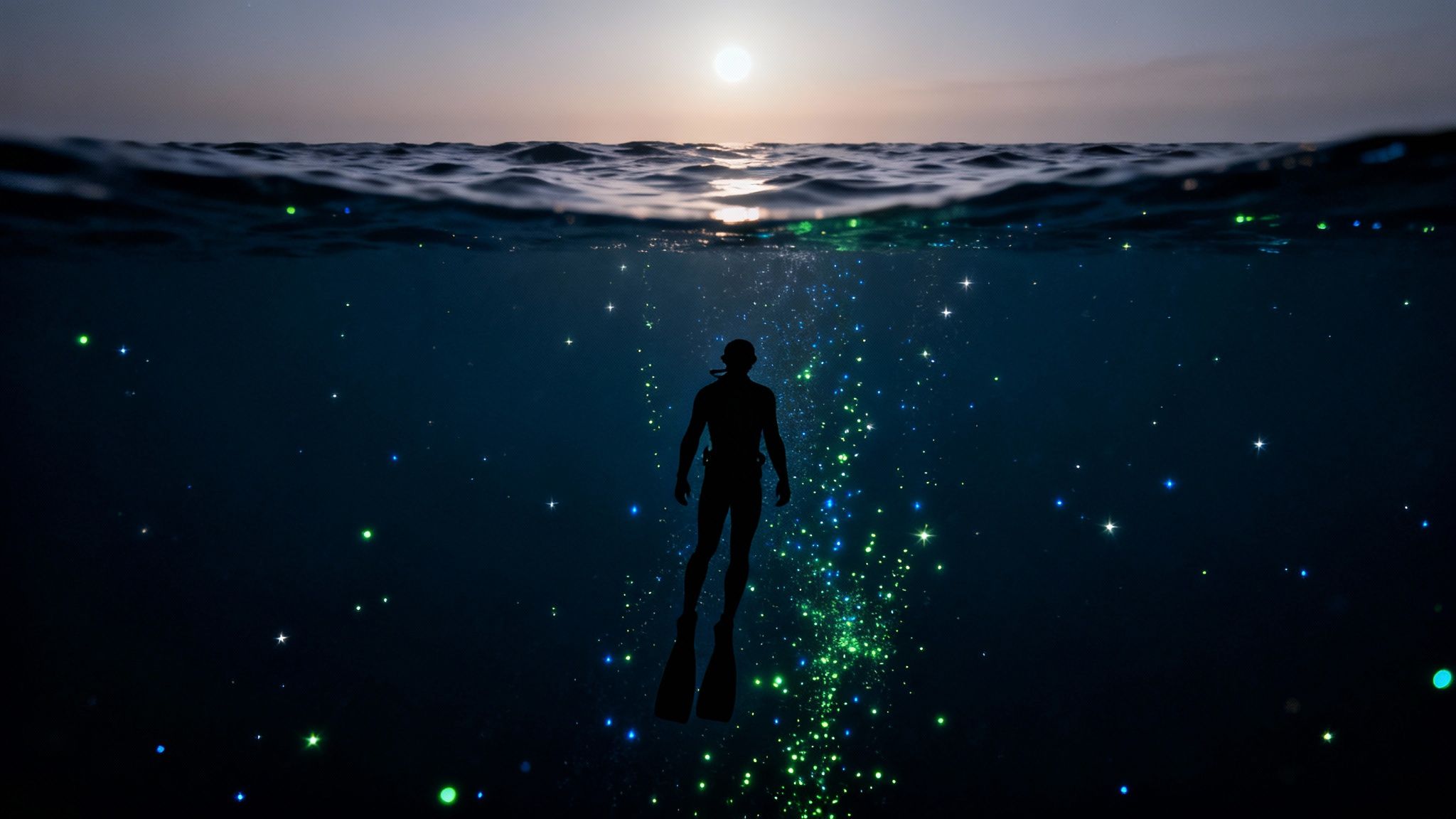 A silhouette of a diver underwater with glowing green and blue particles, looking up at the moonlit surface.