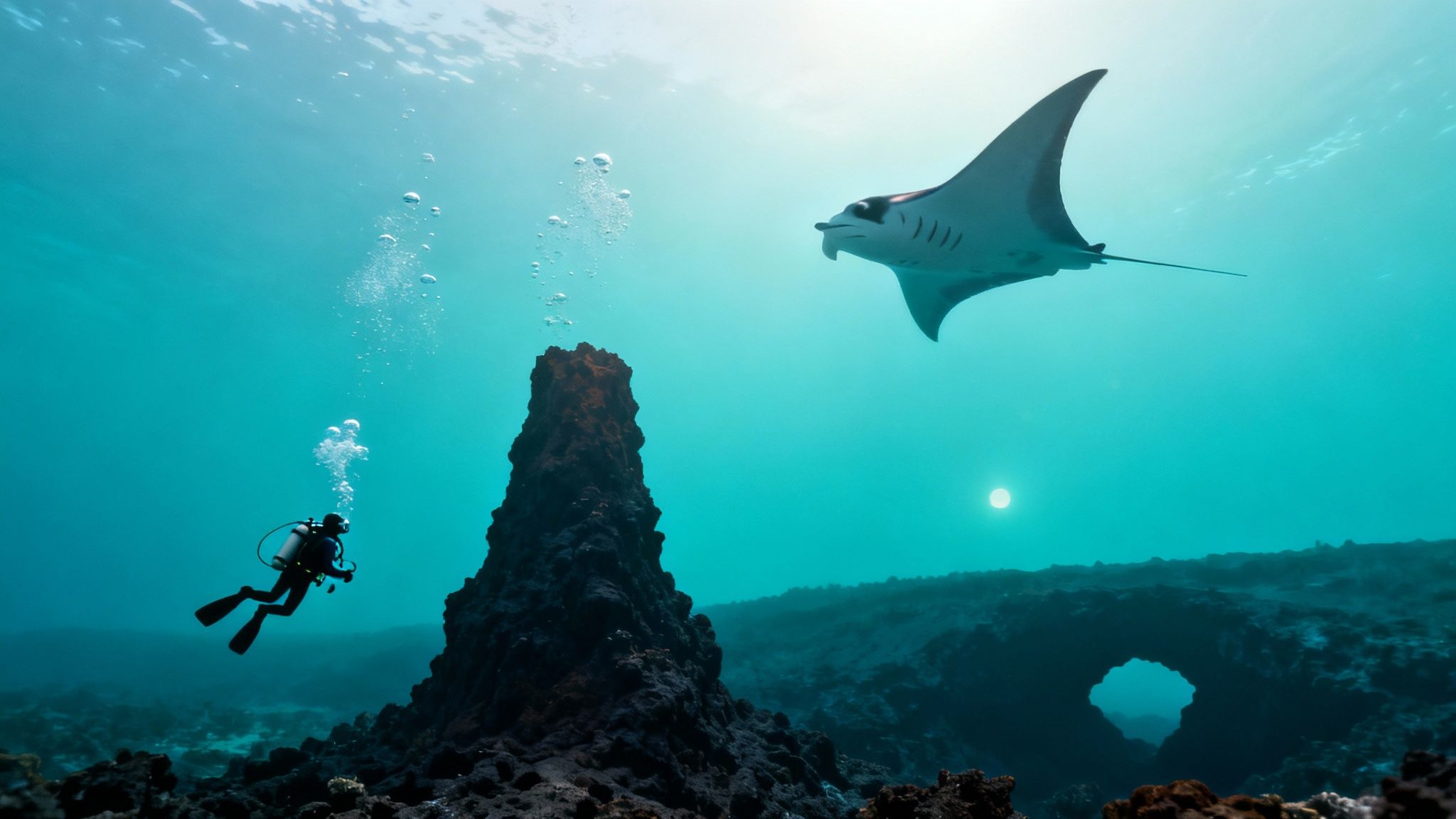 An underwater scene showing a scuba diver observing a majestic manta ray swimming over a rock formation.