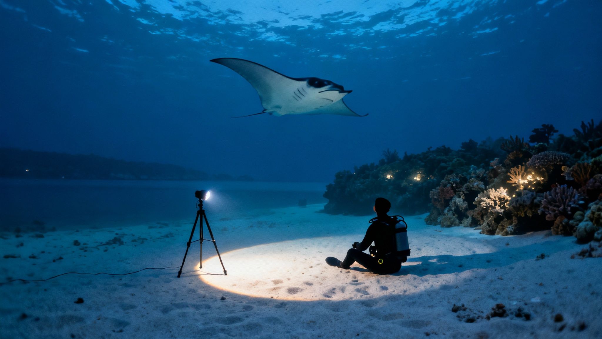 Several manta rays glide gracefully over scuba divers who are gathered around a central light source on the ocean floor.