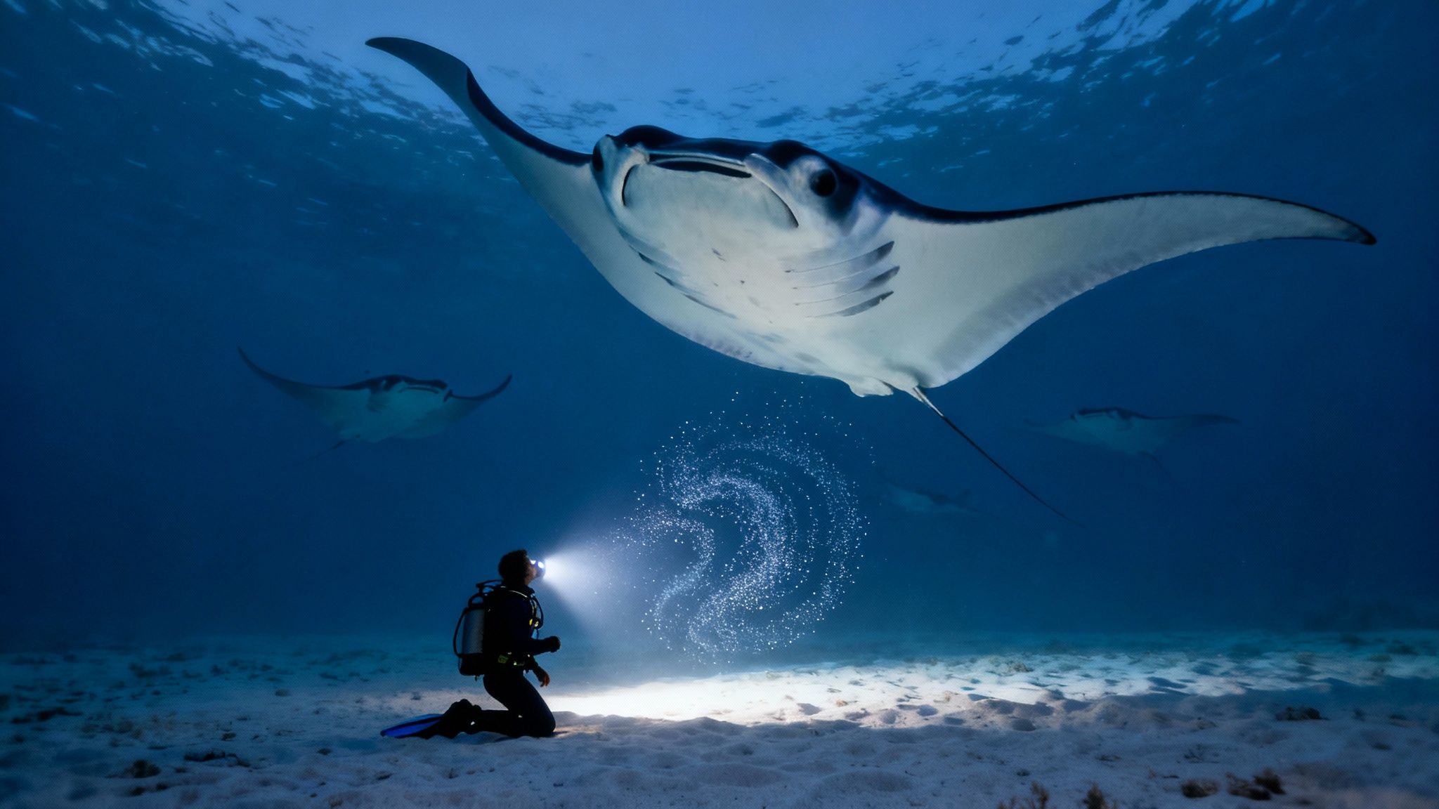 A diver illuminates a majestic manta ray with a flashlight underwater, surrounded by other rays.