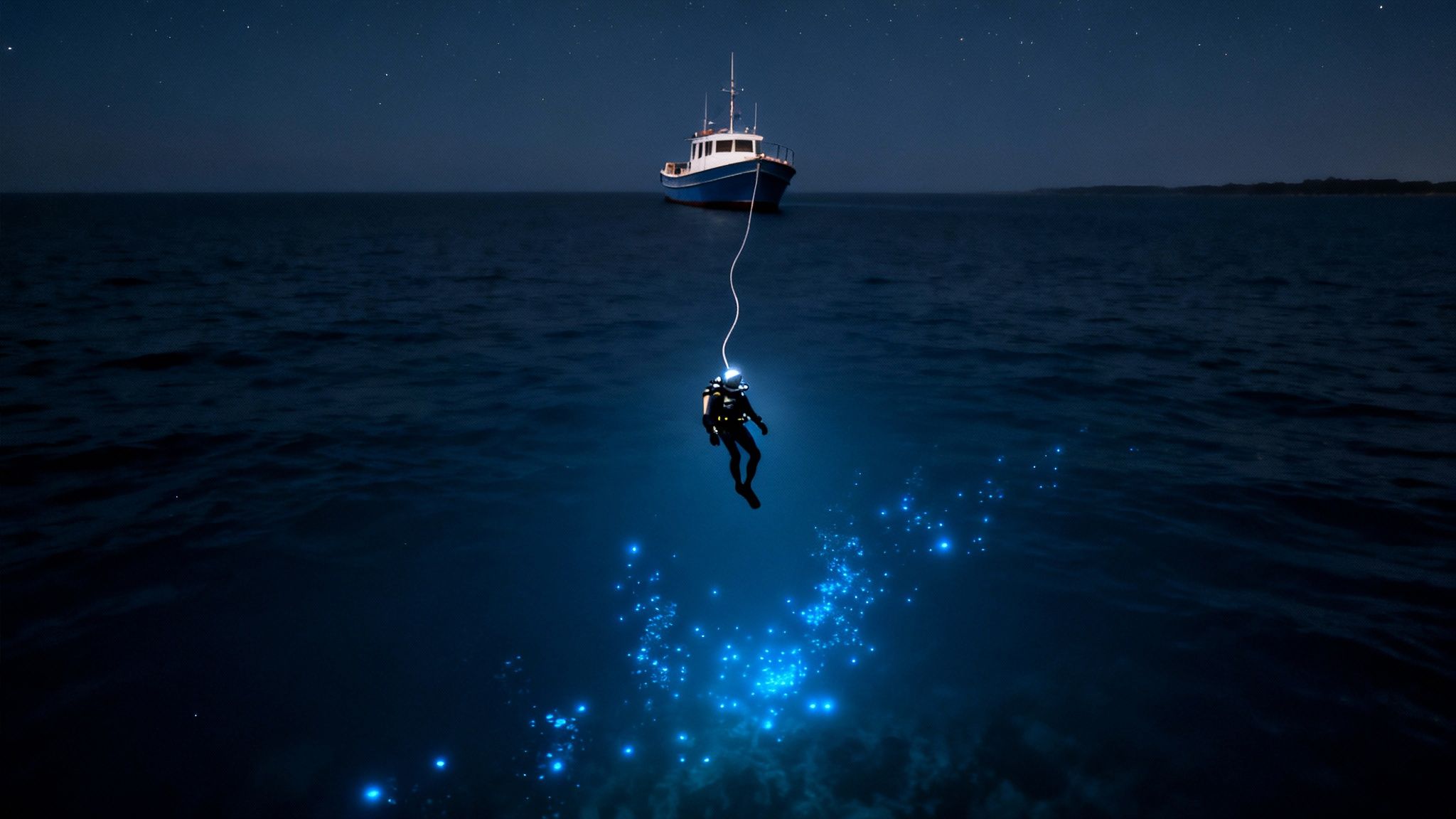 A diver hangs below a boat at night, surrounded by glowing bioluminescence in dark ocean water.