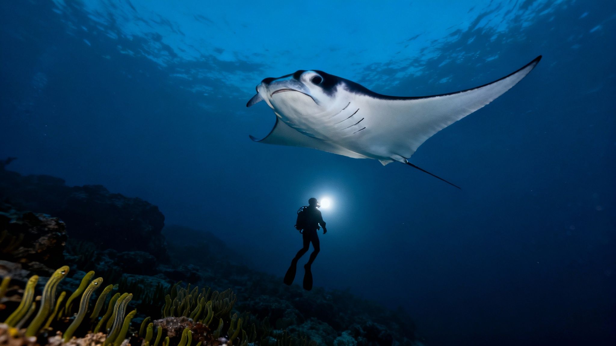 A scuba diver encounters a majestic manta ray during a night dive on the Big Island.