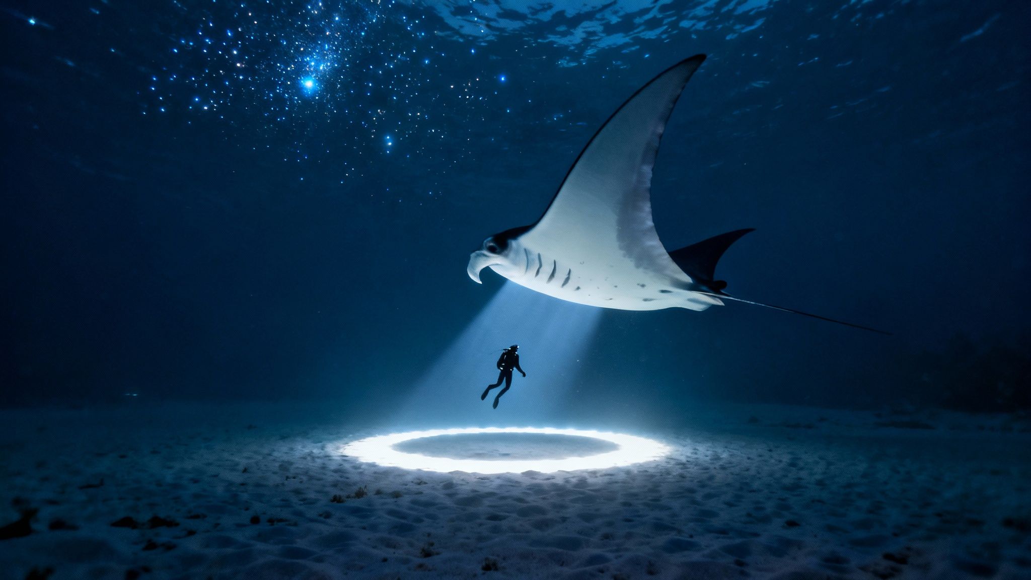 A diver illuminated by a ring light on the seabed, with a manta ray swimming above in a starry blue ocean.