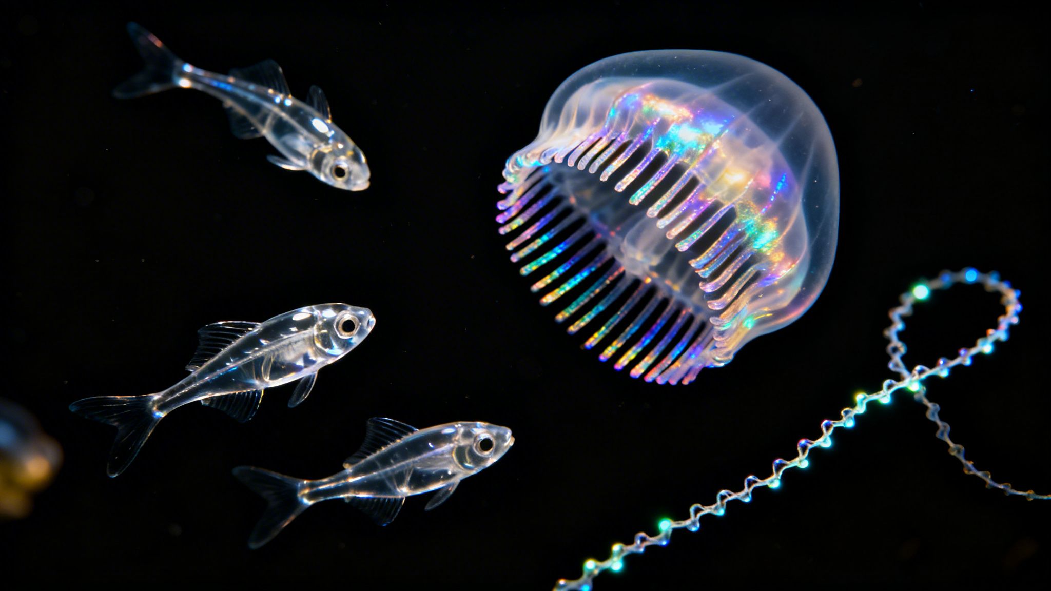 Three translucent glassfish swim alongside an iridescent comb jelly and bioluminescent string in dark water.