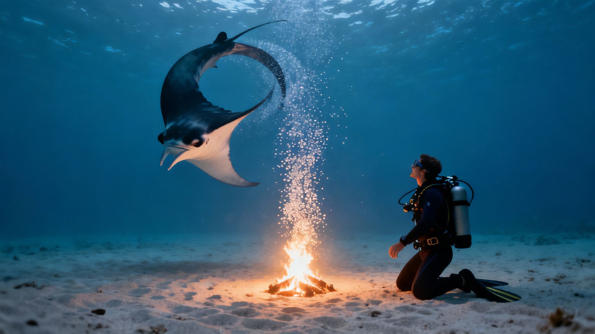 A group of divers observing a giant manta ray feeding in the illuminated water during a night dive in Kailua Kona.
