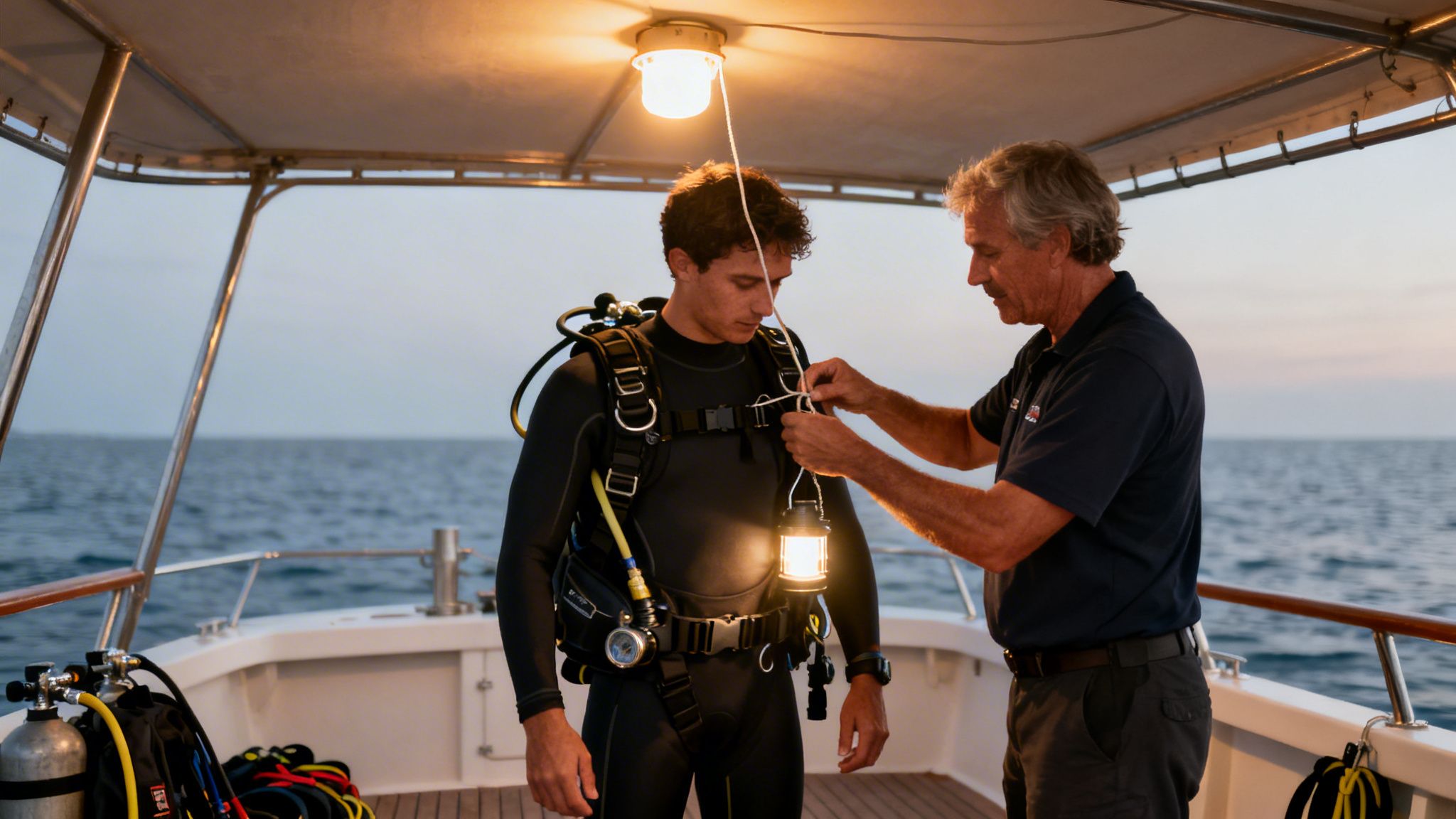 A diver prepares for a blackwater dive on a boat, attaching a lantern with assistance.