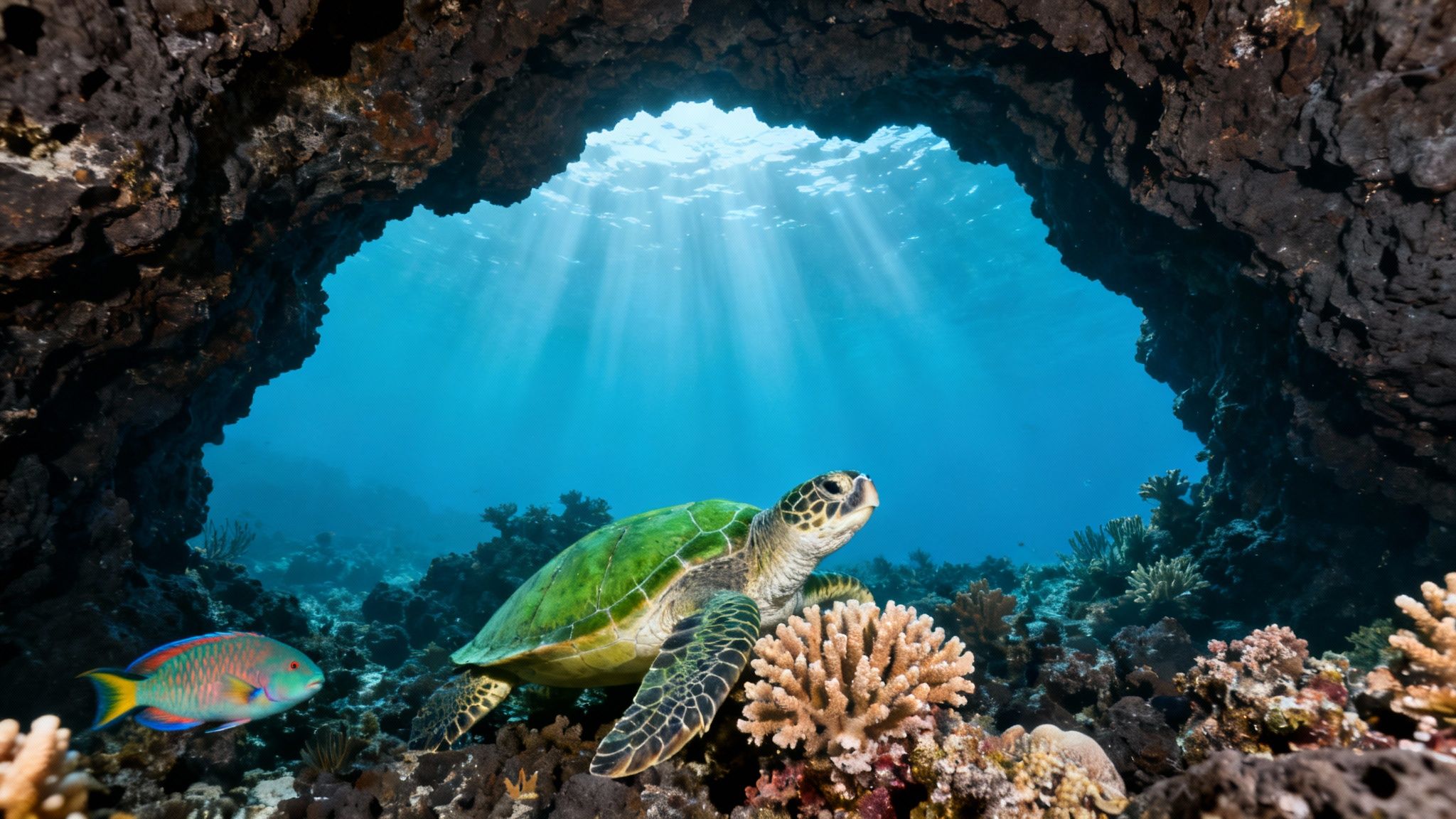 A green sea turtle and parrotfish swim among corals in a beautiful underwater cave with sun rays.