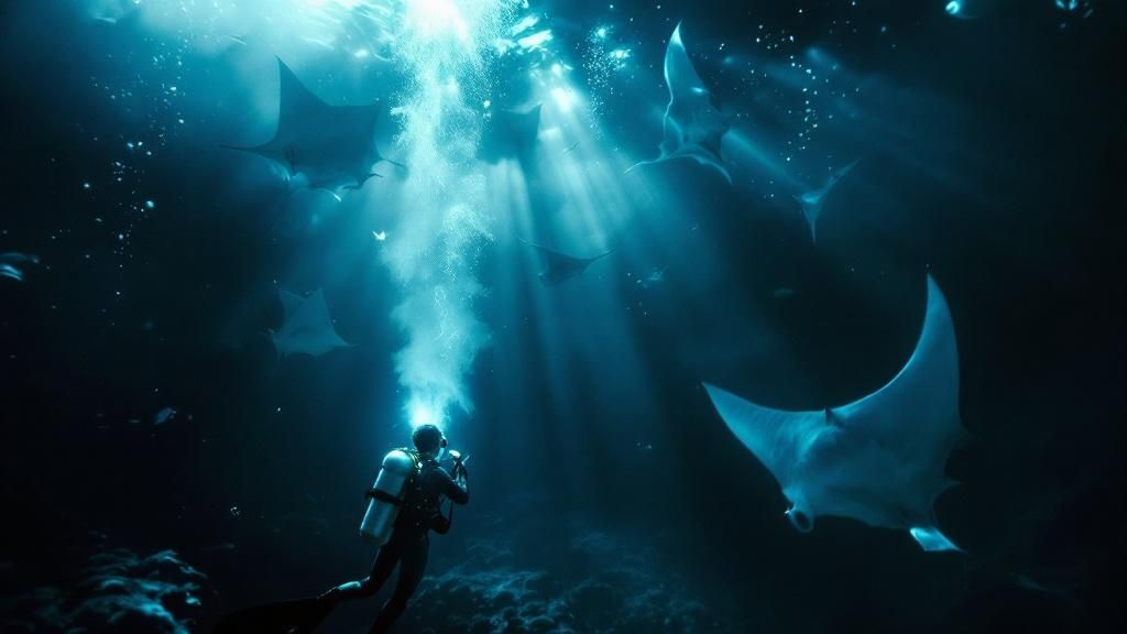 A large manta ray glides through the dark water illuminated by dive lights.